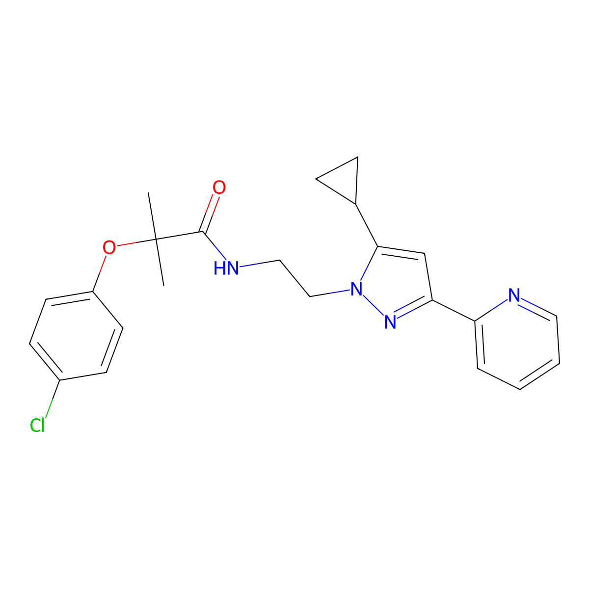 2-(4-chlorophenoxy)-N-(2-(5-cyclopropyl-3-(pyridin-2-yl)-1H-pyrazol-1-yl)ethyl)-2-methylpropanamide molecular structure, CAS 1796989-99-5