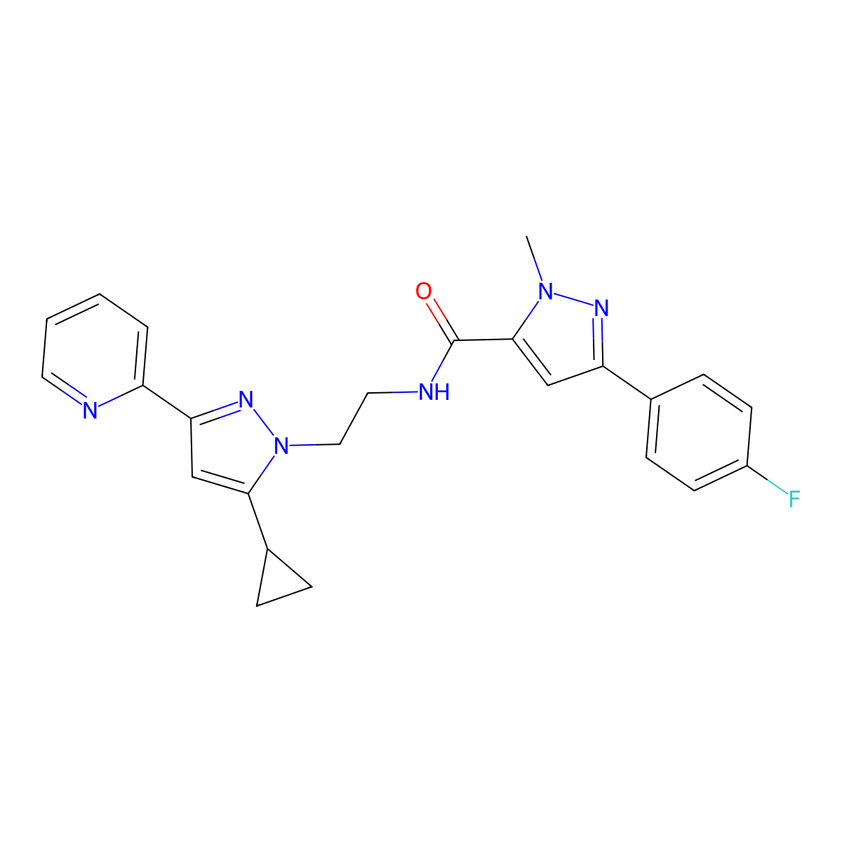 N-(2-(5-cyclopropyl-3-(pyridin-2-yl)-1H-pyrazol-1-yl)ethyl)-3-(4-fluorophenyl)-1-methyl-1H-pyrazole-5-carboxamide molecular structure, CAS 1796990-04-9