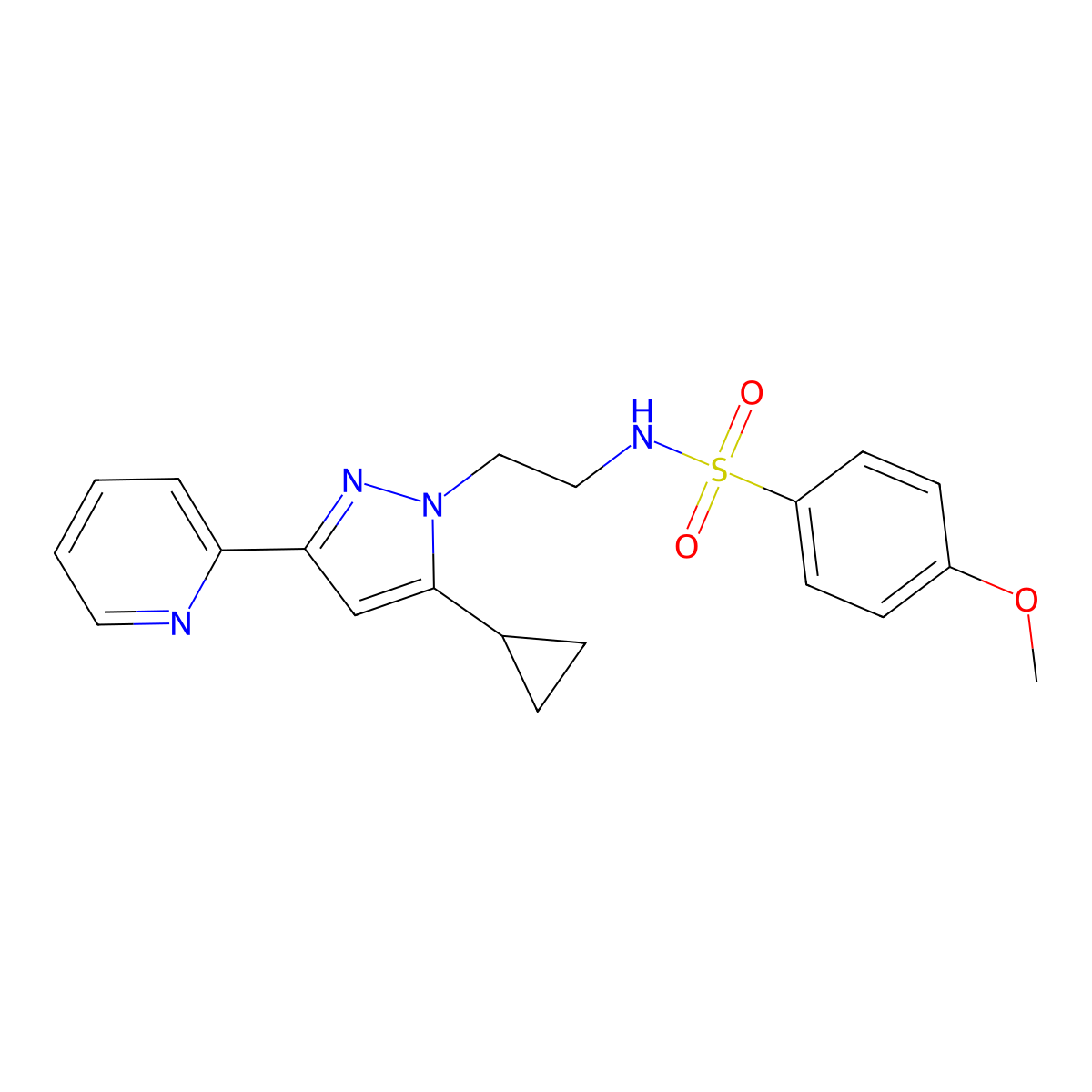 N-(2-(5-cyclopropyl-3-(pyridin-2-yl)-1H-pyrazol-1-yl)ethyl)-4-methoxybenzenesulfonamide molecular structure, CAS 1796990-12-9