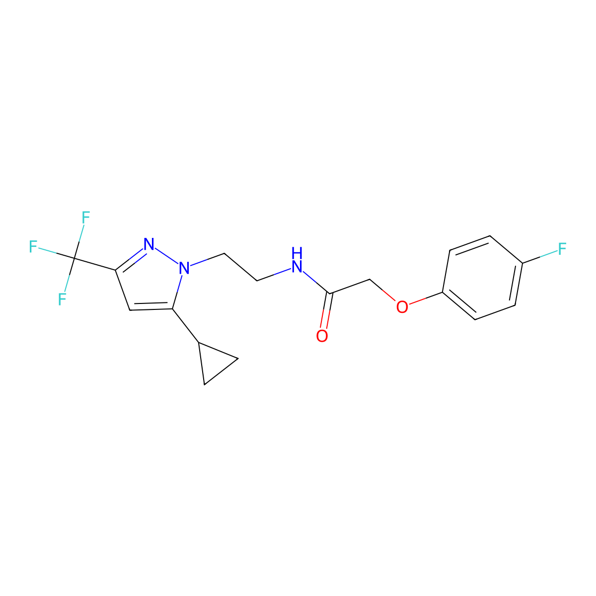 N-{2-[5-cyclopropyl-3-(trifluoromethyl)-1H-pyrazol-1-yl]ethyl}-2-(4-fluorophenoxy)acetamide molecular structure, CAS 1796990-79-8