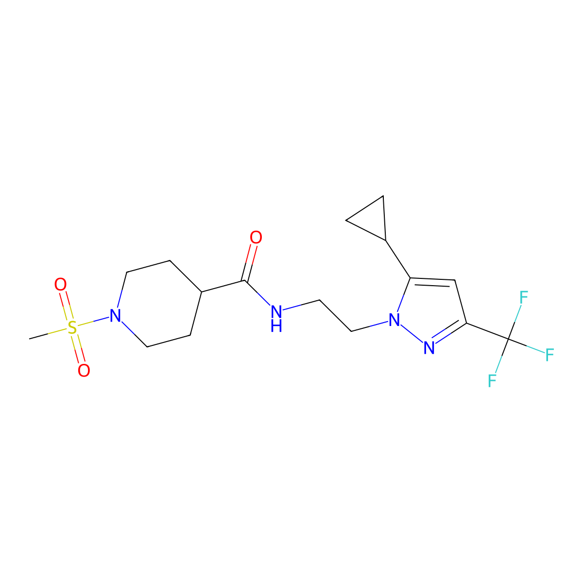 N-(2-(5-cyclopropyl-3-(trifluoromethyl)-1H-pyrazol-1-yl)ethyl)-1-(methylsulfonyl)piperidine-4-carboxamide molecular structure, CAS 1796990-89-0