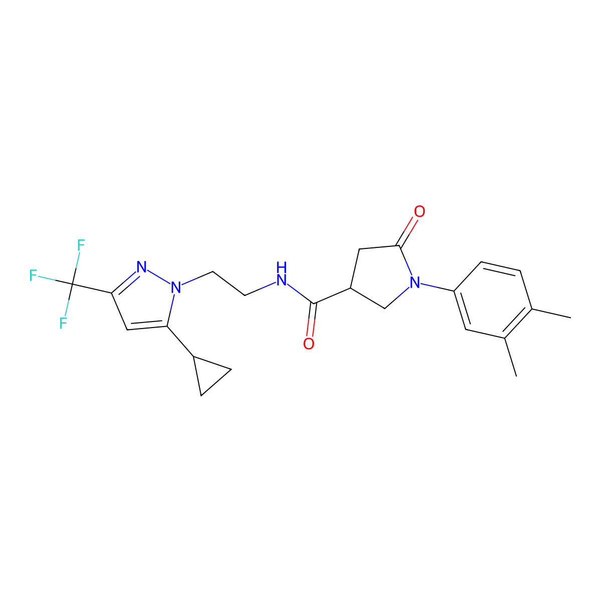 N-(2-(5-cyclopropyl-3-(trifluoromethyl)-1H-pyrazol-1-yl)ethyl)-1-(3,4-dimethylphenyl)-5-oxopyrrolidine-3-carboxamide molecular structure, CAS 1796991-04-2