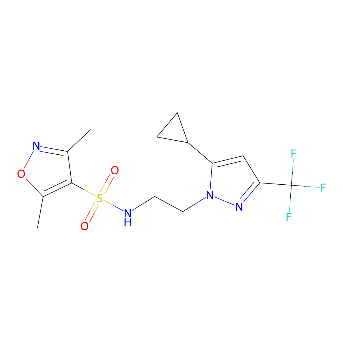 N-(2-(5-cyclopropyl-3-(trifluoromethyl)-1H-pyrazol-1-yl)ethyl)-3,5-dimethylisoxazole-4-sulfonamide molecular structure, CAS 1796991-16-6
