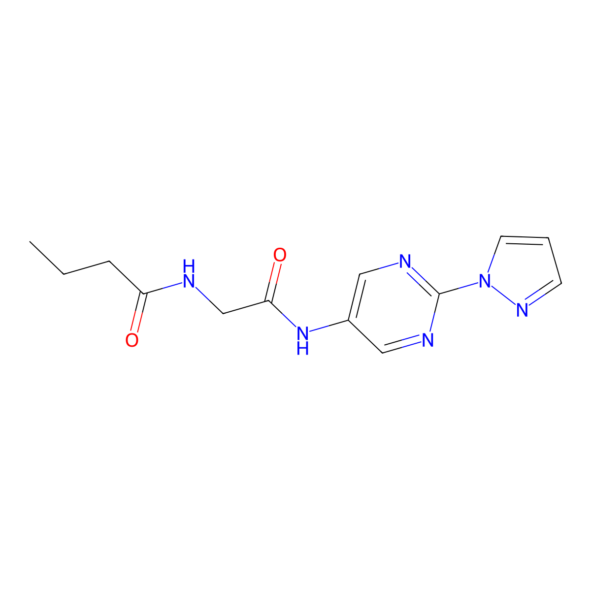 N-(2-((2-(1H-pyrazol-1-yl)pyrimidin-5-yl)amino)-2-oxoethyl)butyramide molecular structure, CAS 1796991-82-6