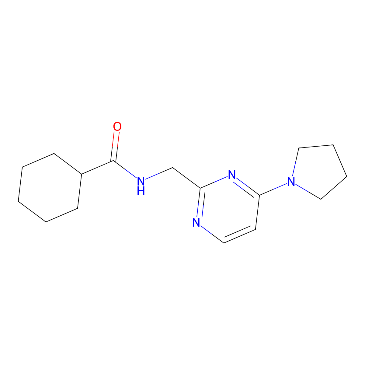 N-{[4-(pyrrolidin-1-yl)pyrimidin-2-yl]methyl}cyclohexanecarboxamide molecular structure, CAS 1796991-89-3