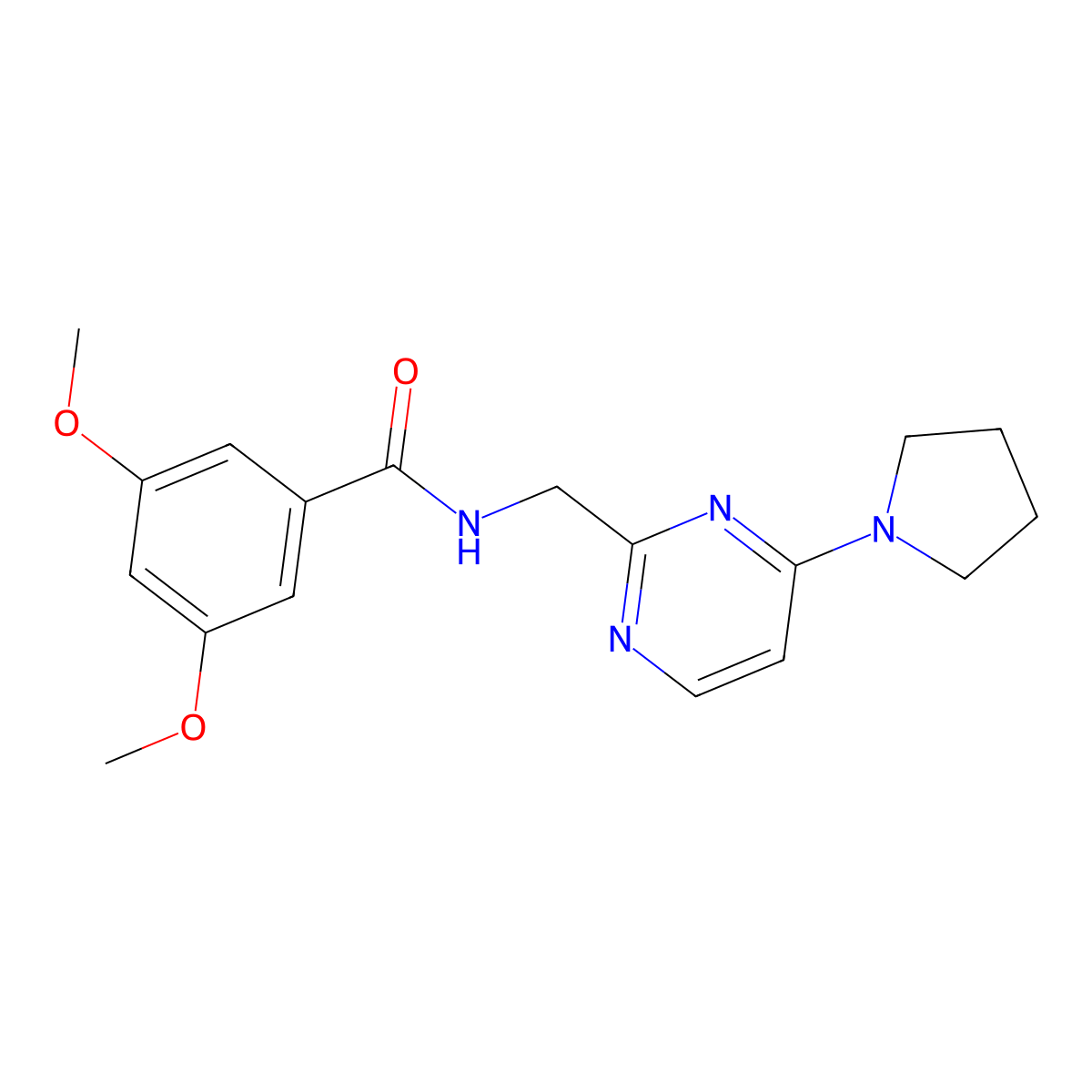 3,5-dimethoxy-N-((4-(pyrrolidin-1-yl)pyrimidin-2-yl)methyl)benzamide molecular structure, CAS 1796992-02-3