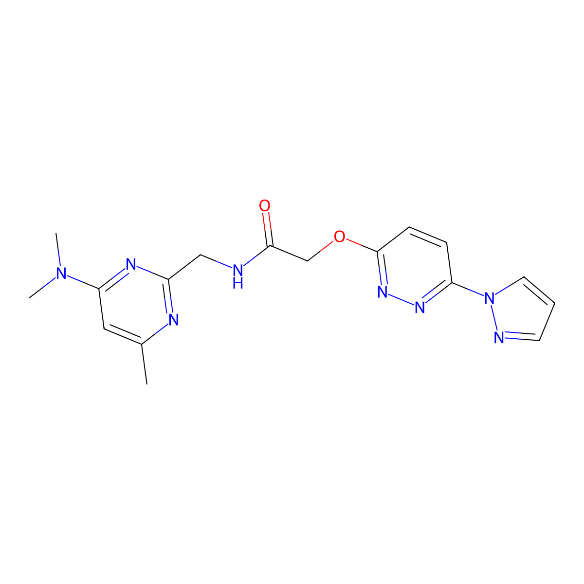2-((6-(1H-pyrazol-1-yl)pyridazin-3-yl)oxy)-N-((4-(dimethylamino)-6-methylpyrimidin-2-yl)methyl)acetamide molecular structure, CAS 1796993-55-9