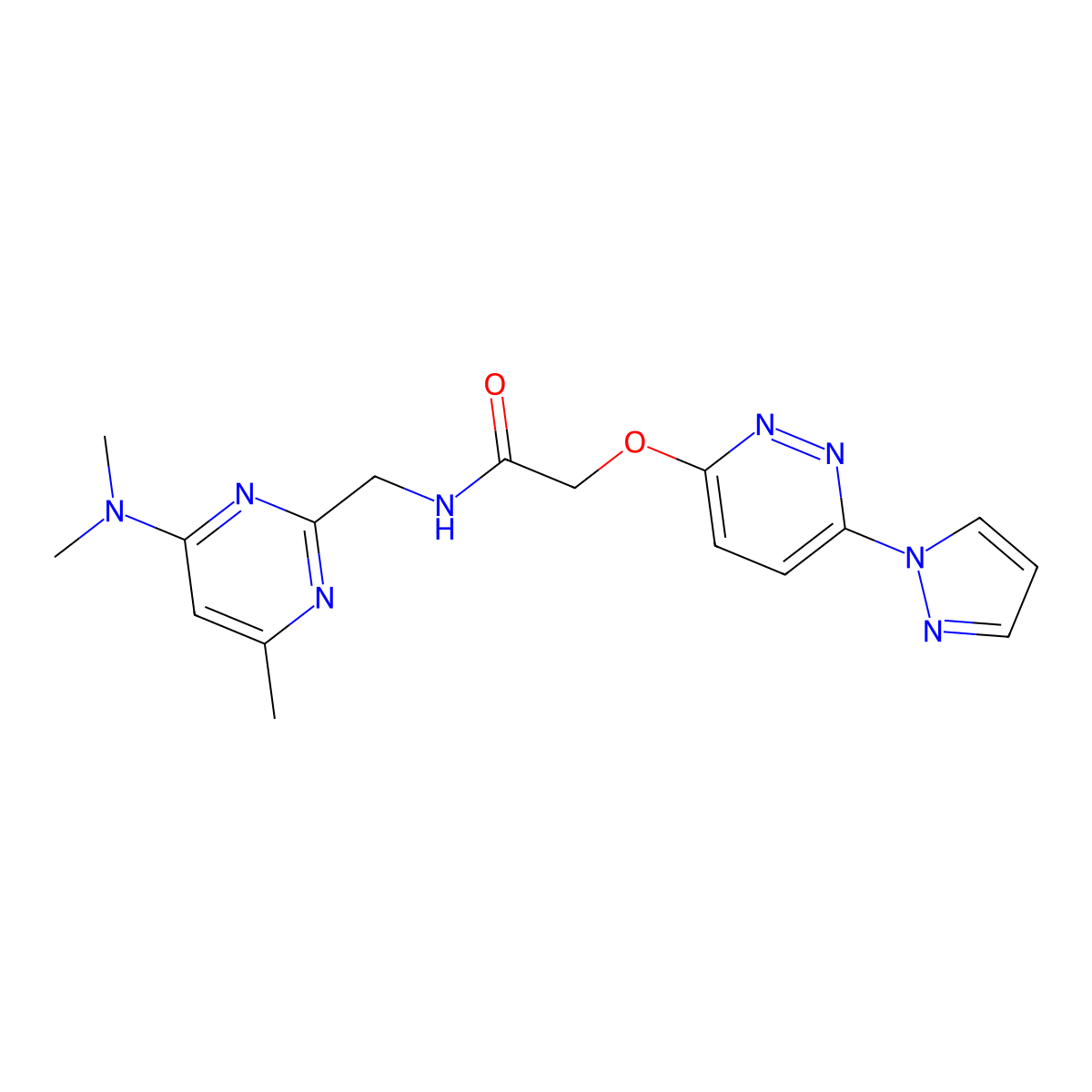 2-((6-(1H-pyrazol-1-yl)pyridazin-3-yl)oxy)-N-((4-(dimethylamino)-6-methylpyrimidin-2-yl)methyl)acetamide molecular structure, CAS 1796993-55-9