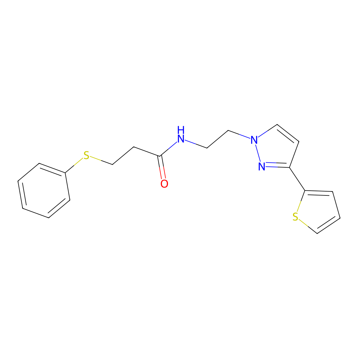 3-(phenylthio)-N-(2-(3-(thiophen-2-yl)-1H-pyrazol-1-yl)ethyl)propanamide molecular structure, CAS 1797014-56-2