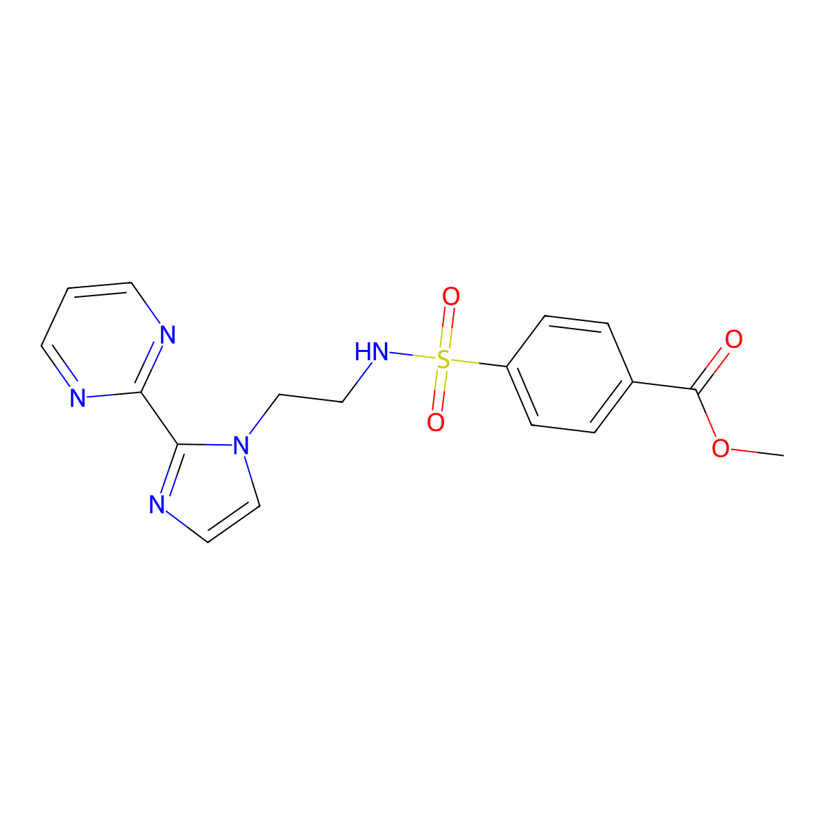 methyl 4-(N-(2-(2-(pyrimidin-2-yl)-1H-imidazol-1-yl)ethyl)sulfamoyl)benzoate molecular structure, CAS 1797015-13-4