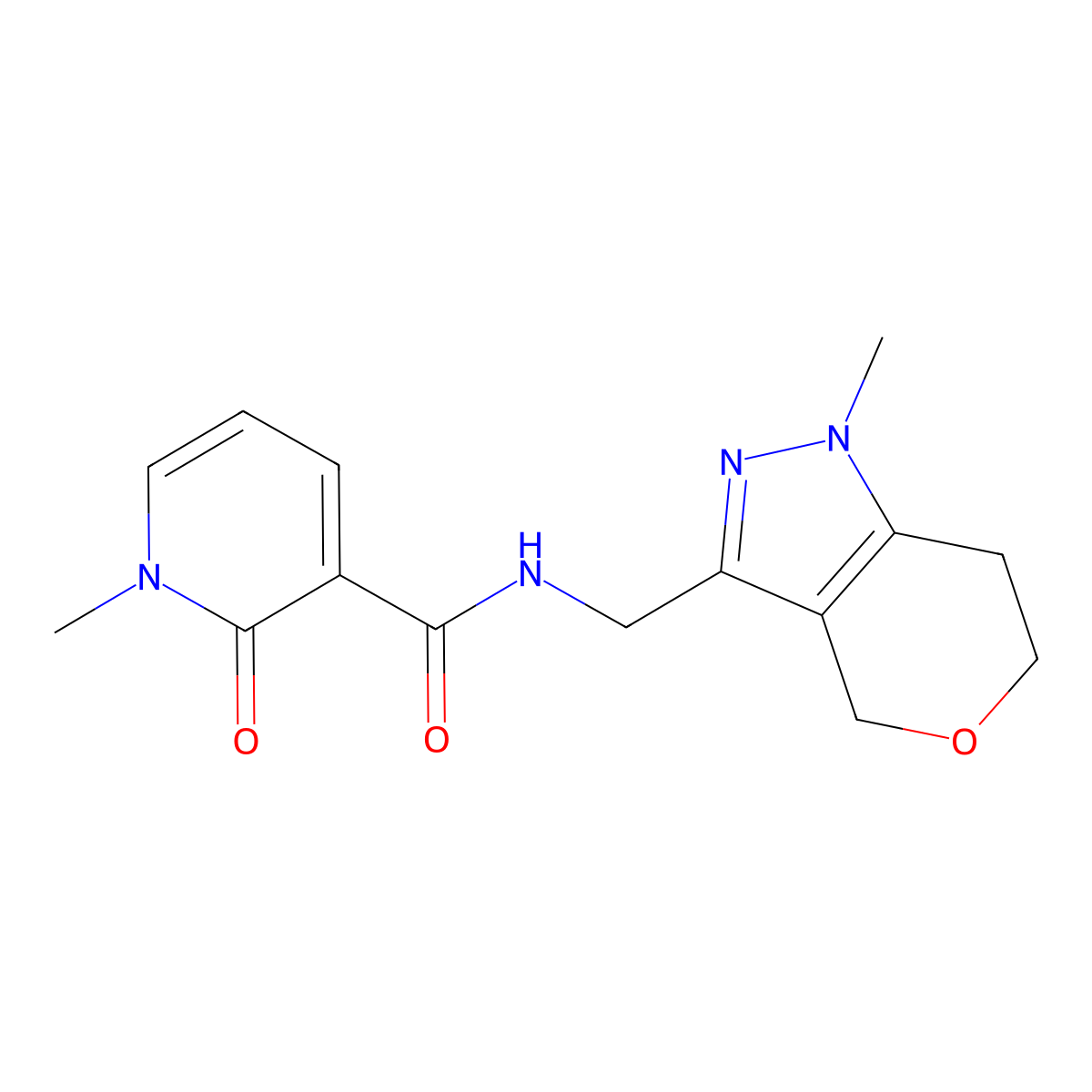 1-methyl-N-((1-methyl-1,4,6,7-tetrahydropyrano[4,3-c]pyrazol-3-yl)methyl)-2-oxo-1,2-dihydropyridine-3-carboxamide molecular structure, CAS 1797015-72-5
