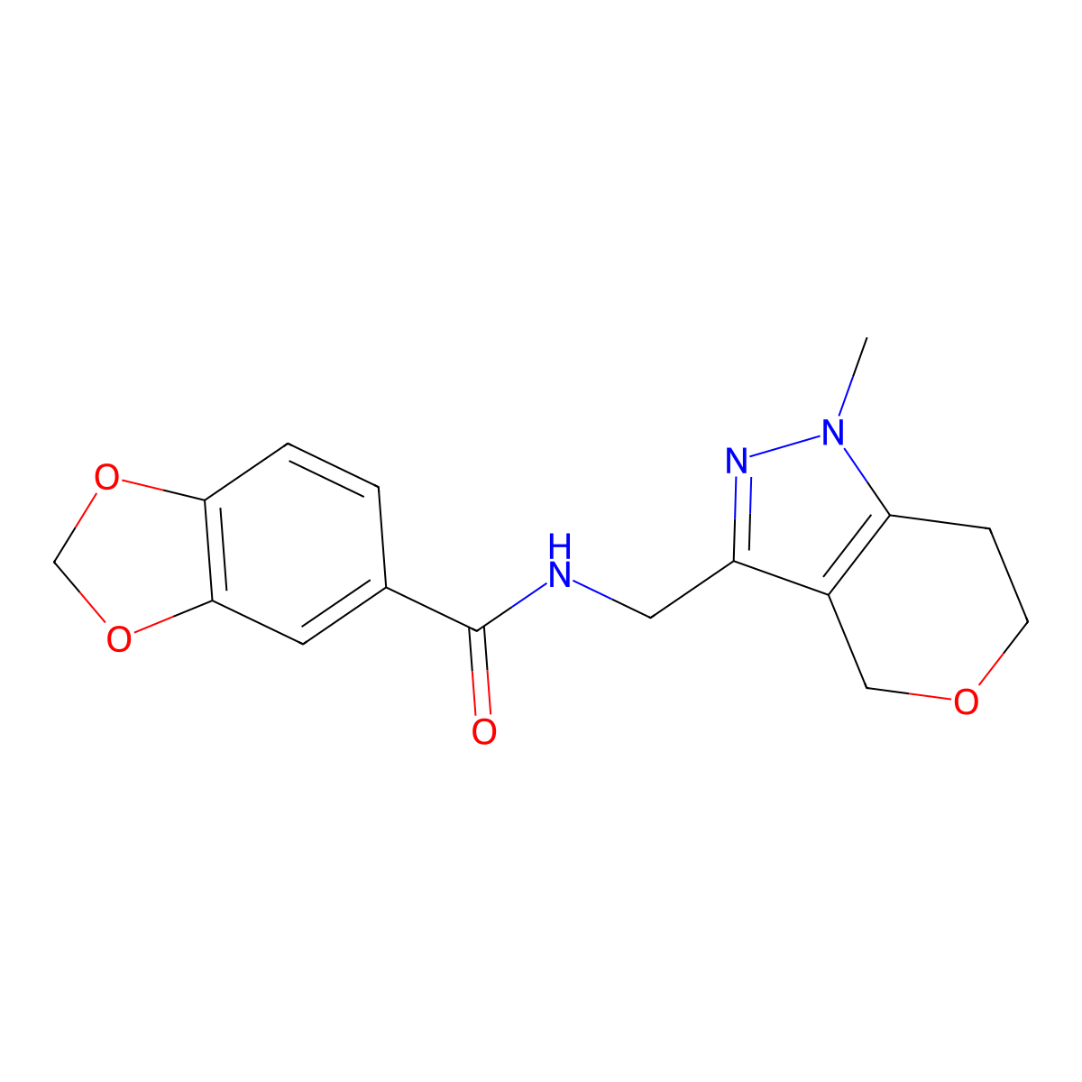 N-((1-methyl-1,4,6,7-tetrahydropyrano[4,3-c]pyrazol-3-yl)methyl)benzo[d][1,3]dioxole-5-carboxamide molecular structure, CAS 1797015-76-9