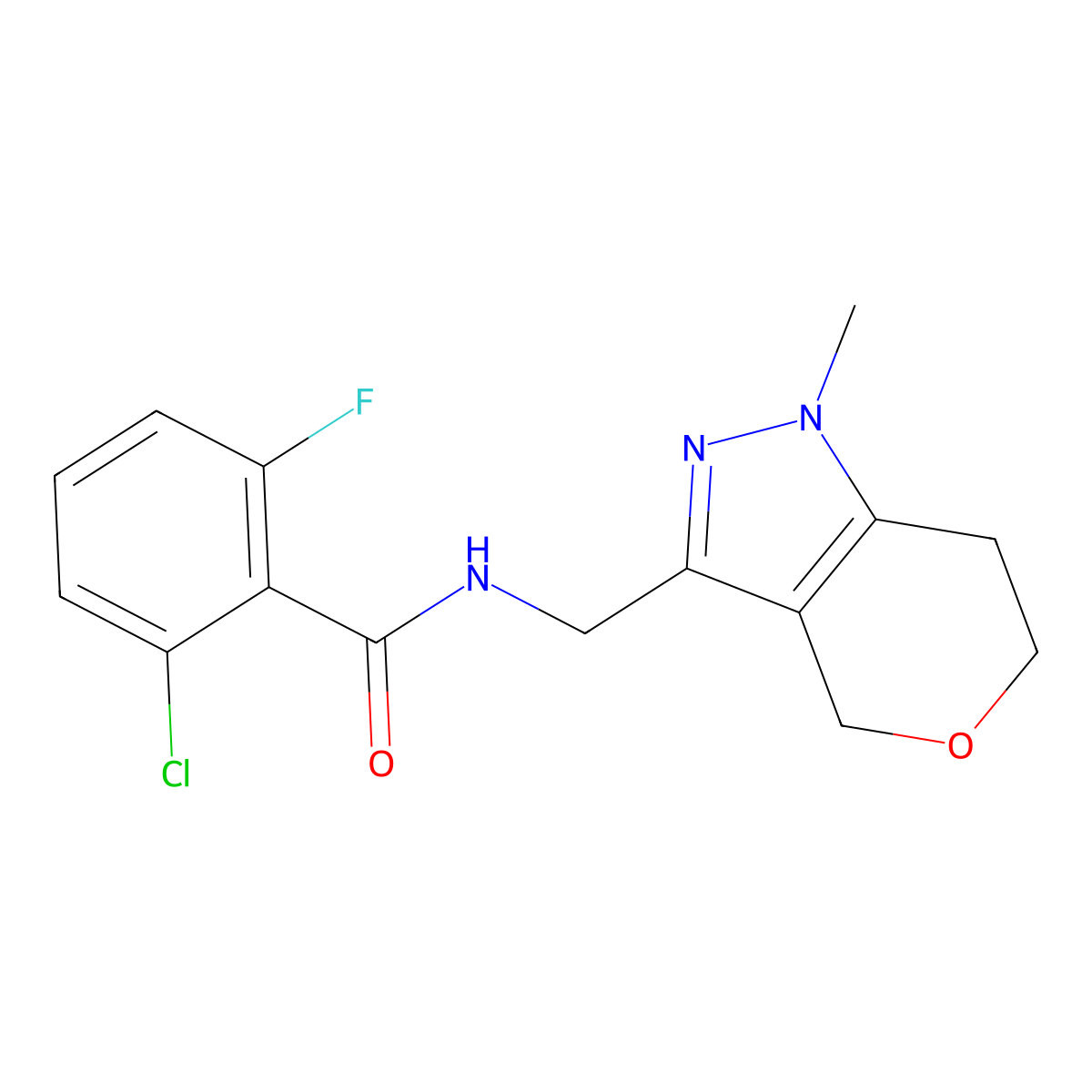 2-chloro-6-fluoro-N-((1-methyl-1,4,6,7-tetrahydropyrano[4,3-c]pyrazol-3-yl)methyl)benzamide molecular structure, CAS 1797015-79-2