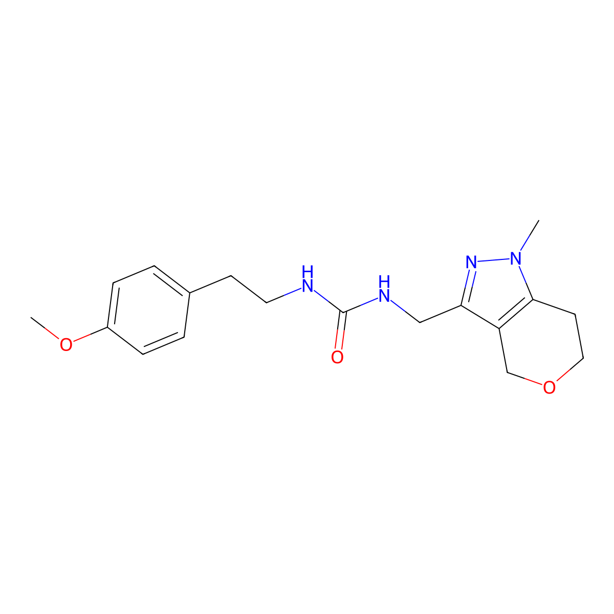 1-(4-Methoxyphenethyl)-3-((1-methyl-1,4,6,7-tetrahydropyrano[4,3-c]pyrazol-3-yl)methyl)urea molecular structure, CAS 1797016-00-2