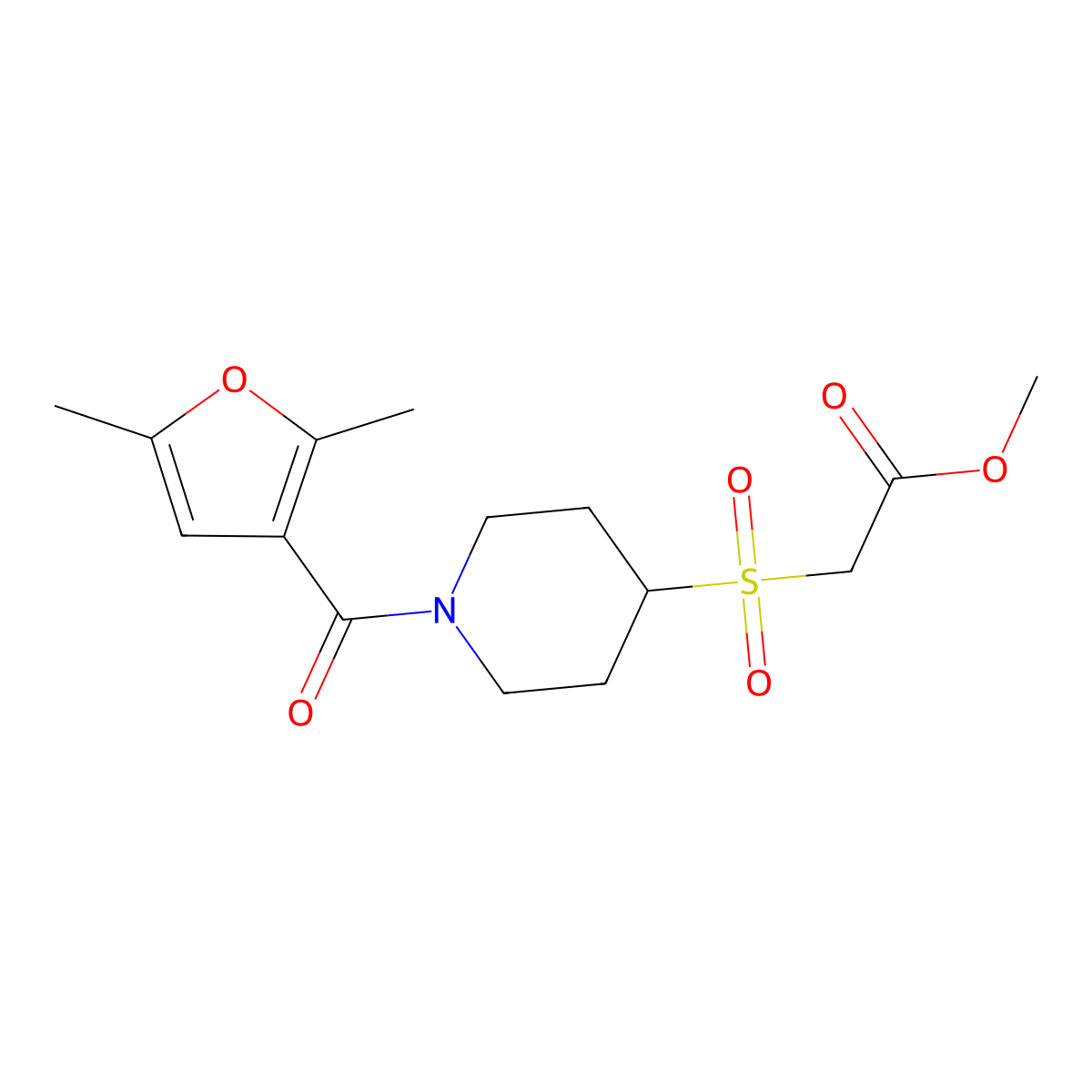 Methyl 2-((1-(2,5-dimethylfuran-3-carbonyl)piperidin-4-yl)sulfonyl)acetate molecular structure, CAS 1797017-03-8