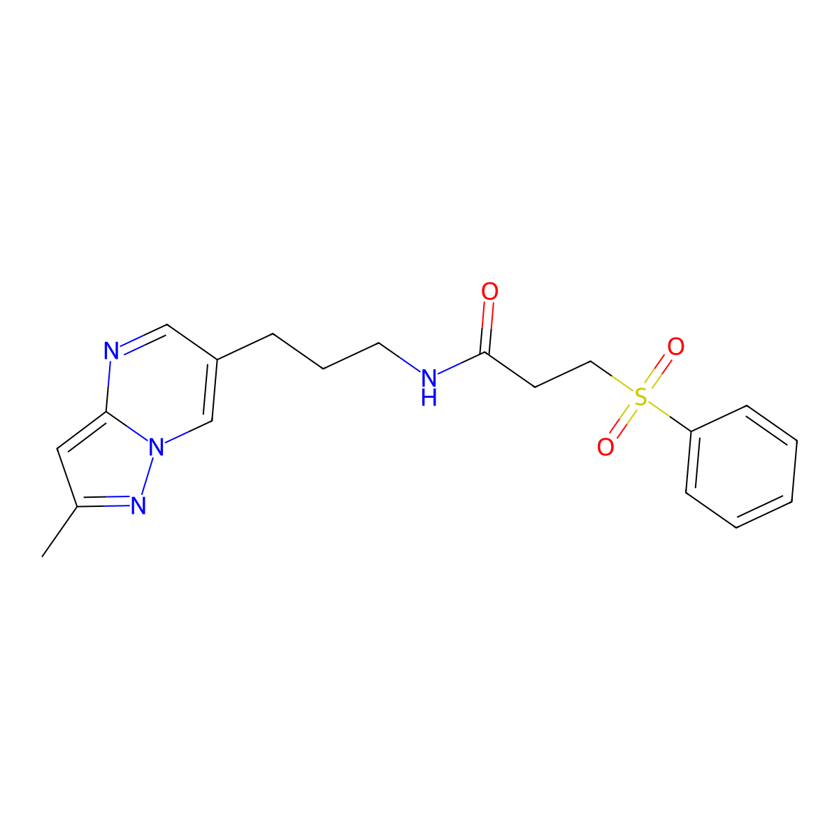 N-(3-(2-methylpyrazolo[1,5-a]pyrimidin-6-yl)propyl)-3-(phenylsulfonyl)propanamide molecular structure, CAS 1797019-56-7