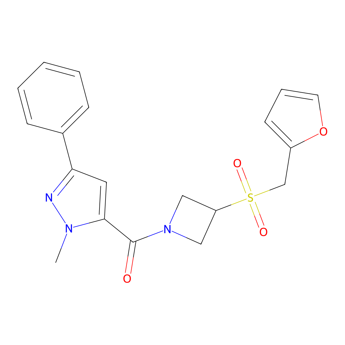 (3-((furan-2-ylmethyl)sulfonyl)azetidin-1-yl)(1-methyl-3-phenyl-1H-pyrazol-5-yl)methanone molecular structure, CAS 1797020-47-3