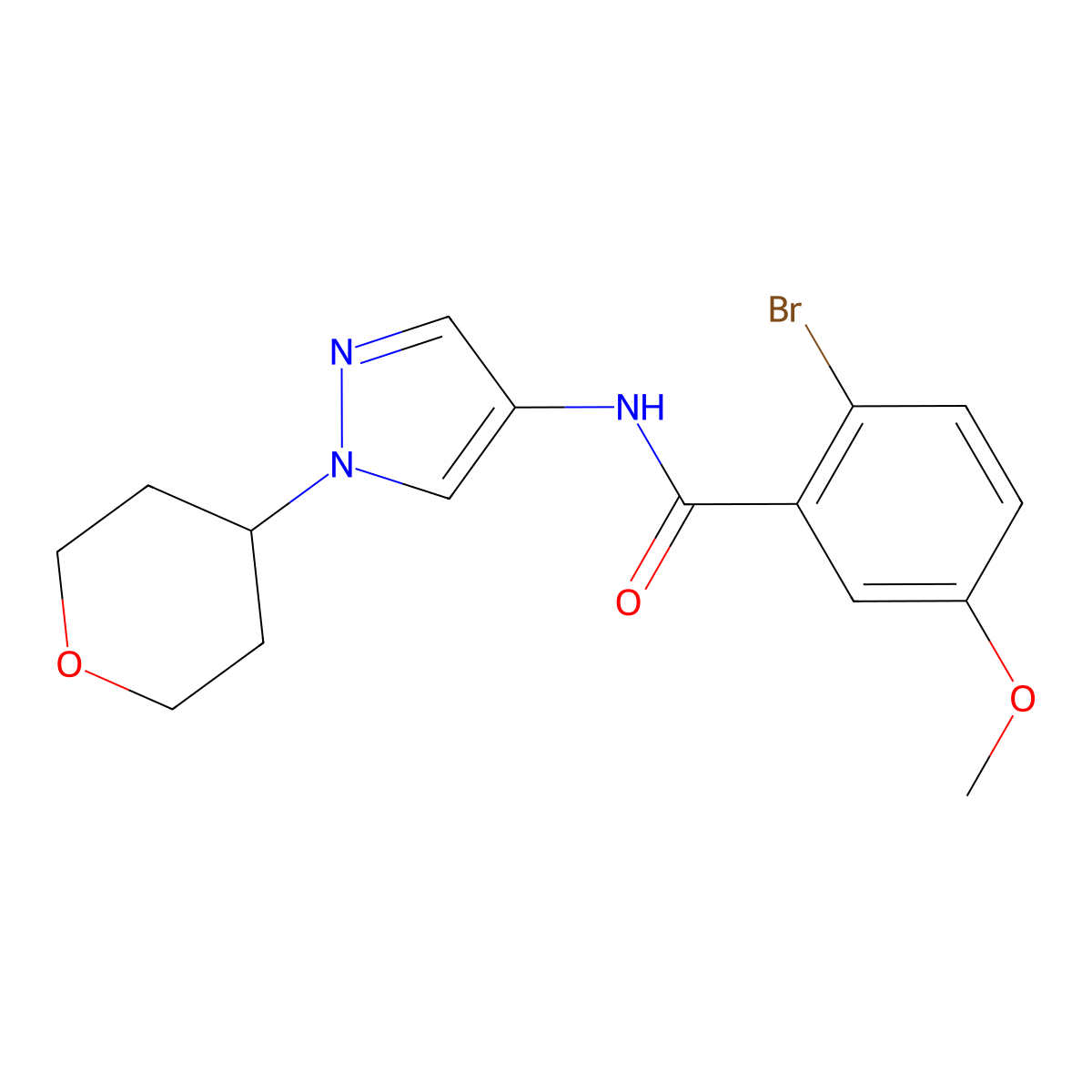 2-bromo-5-methoxy-N-[1-(oxan-4-yl)-1H-pyrazol-4-yl]benzamide molecular structure, CAS 1797021-40-9