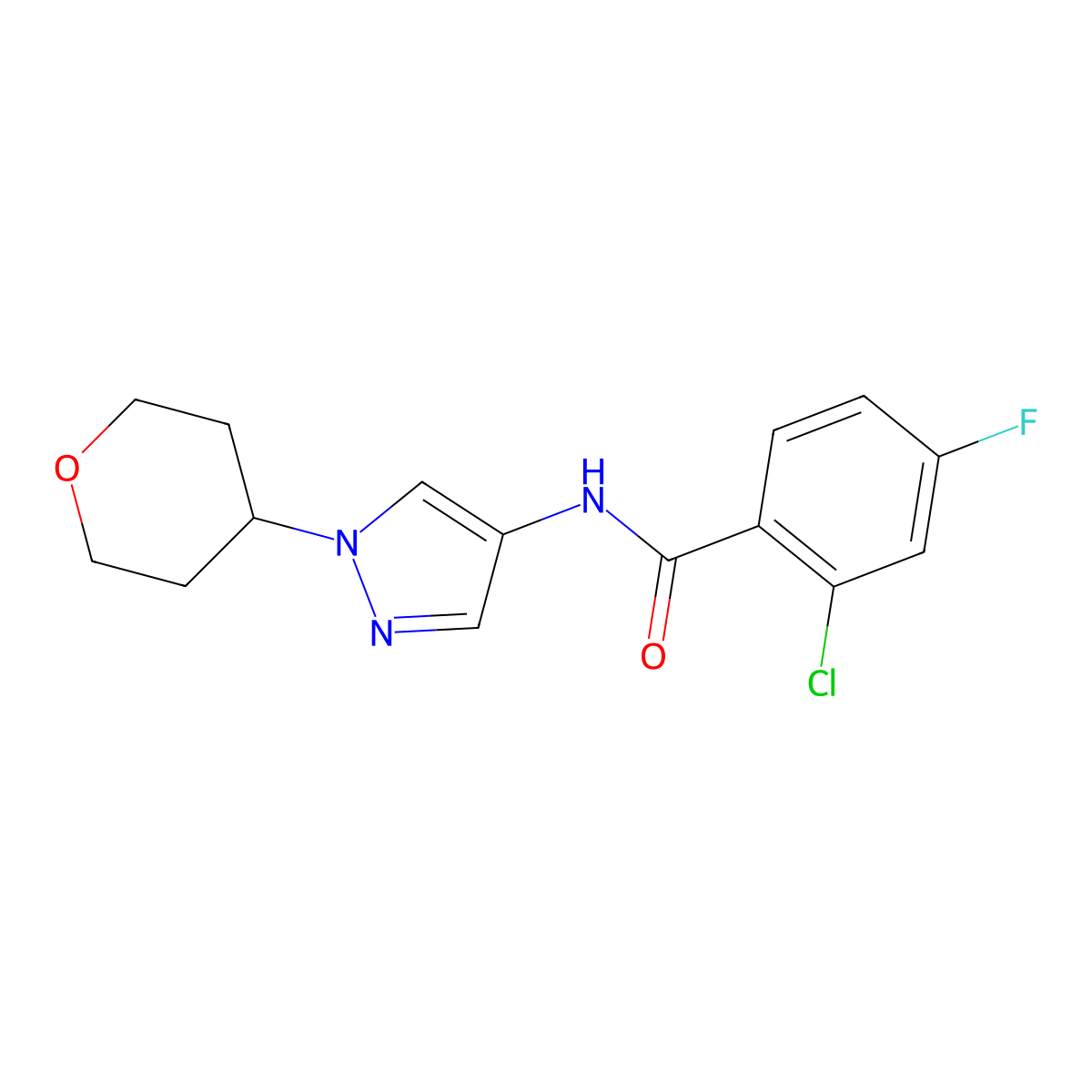 2-chloro-4-fluoro-N-[1-(oxan-4-yl)-1H-pyrazol-4-yl]benzamide molecular structure, CAS 1797021-47-6