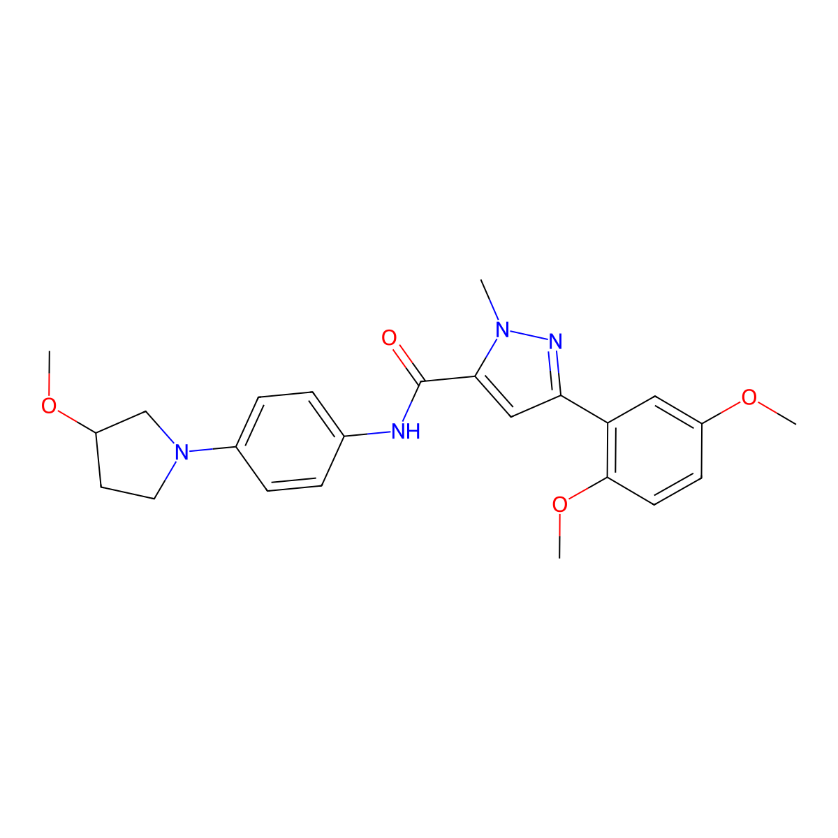 3-(2,5-dimethoxyphenyl)-N-(4-(3-methoxypyrrolidin-1-yl)phenyl)-1-methyl-1H-pyrazole-5-carboxamide molecular structure, CAS 1797021-49-8