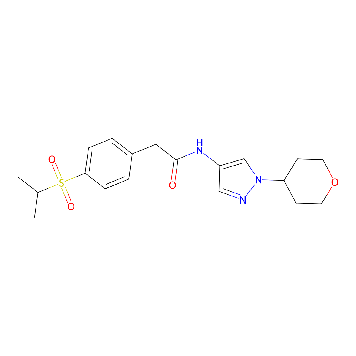 2-(4-(isopropylsulfonyl)phenyl)-N-(1-(tetrahydro-2H-pyran-4-yl)-1H-pyrazol-4-yl)acetamide molecular structure, CAS 1797021-59-0