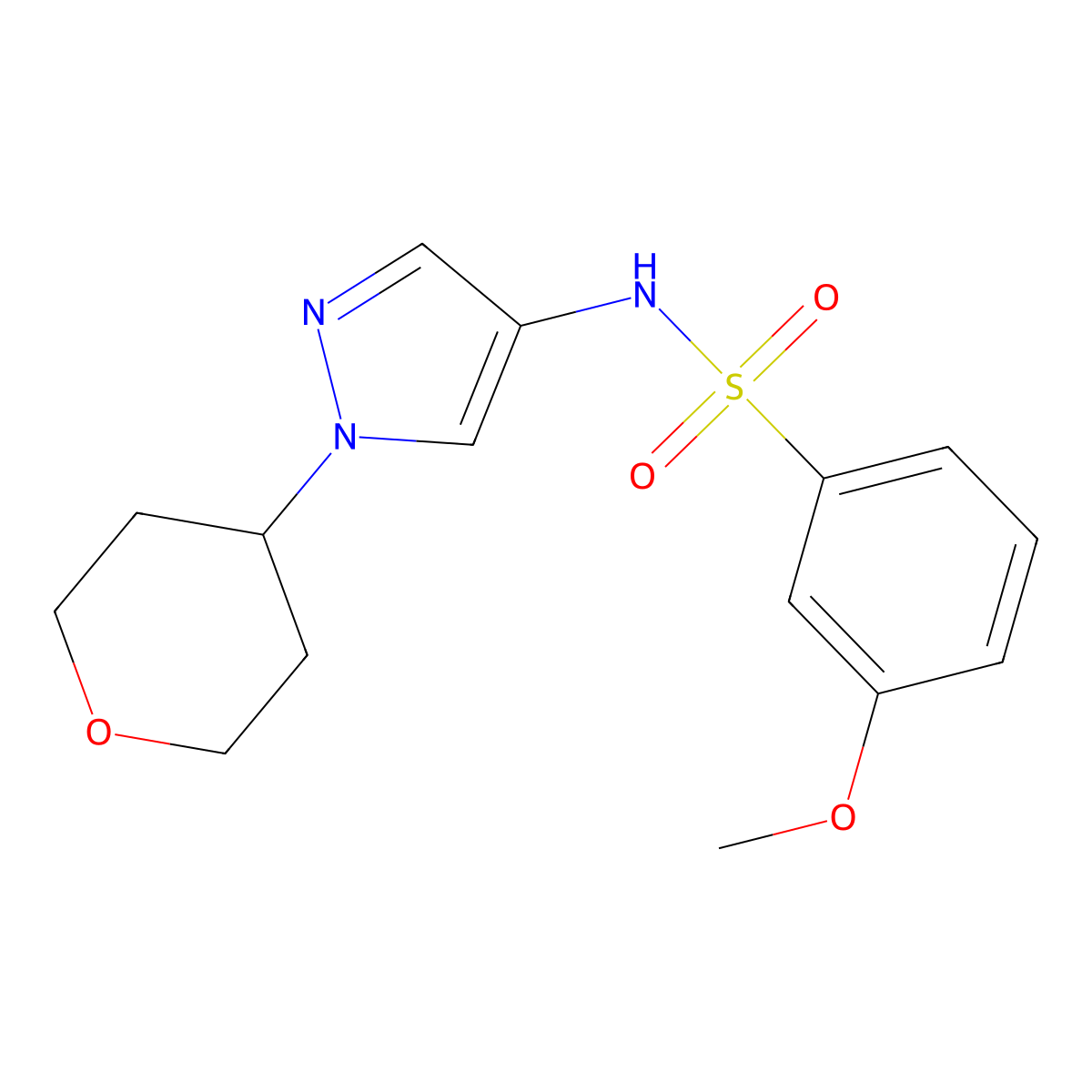 3-methoxy-N-(1-(tetrahydro-2H-pyran-4-yl)-1H-pyrazol-4-yl)benzenesulfonamide molecular structure, CAS 1797022-28-6
