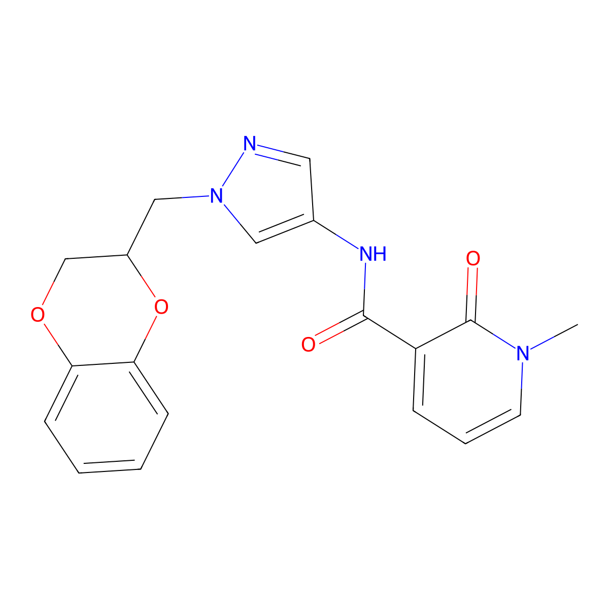 N-(1-((2,3-dihydrobenzo[b][1,4]dioxin-2-yl)methyl)-1H-pyrazol-4-yl)-1-methyl-2-oxo-1,2-dihydropyridine-3-carboxamide molecular structure, CAS 1797022-60-6