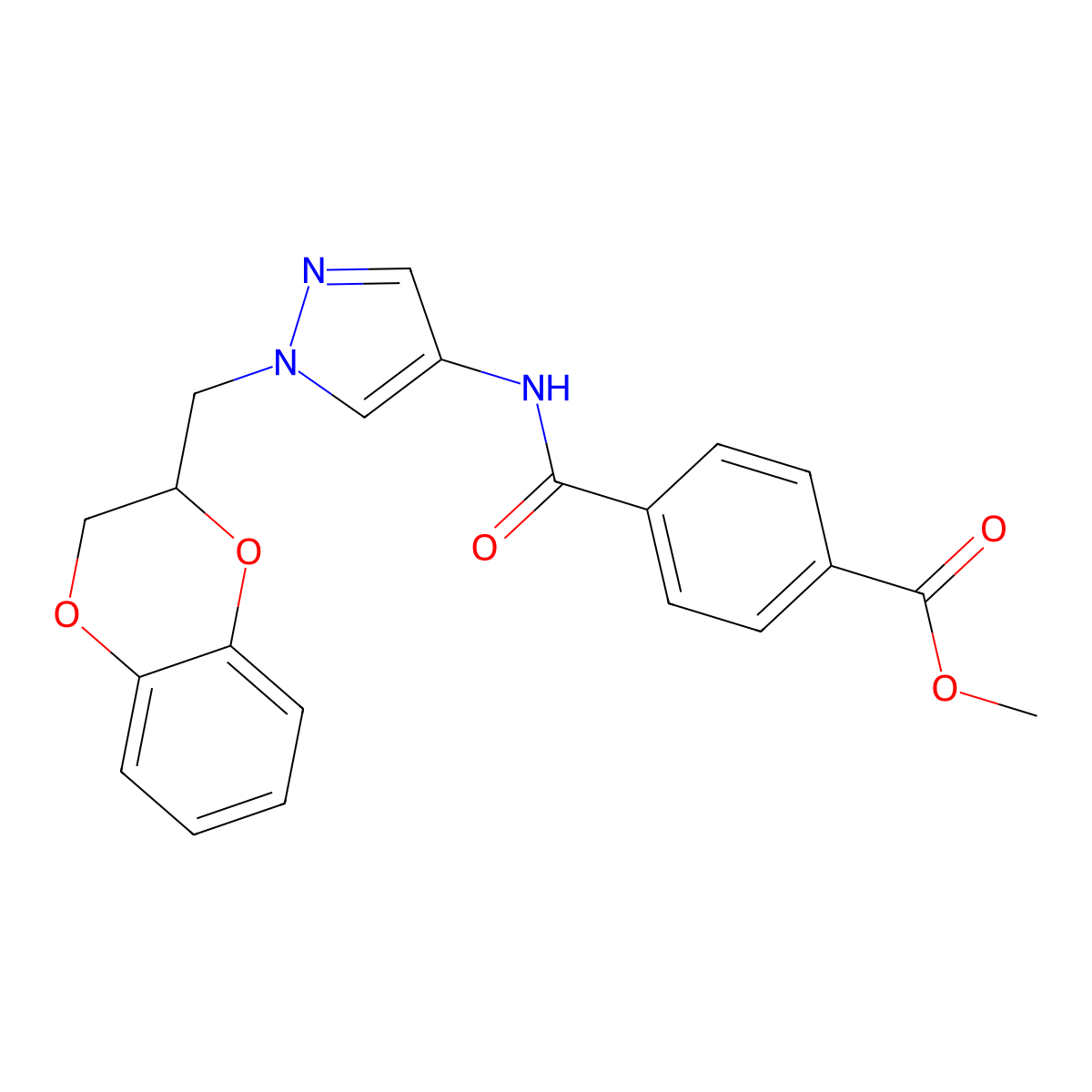 methyl 4-((1-((2,3-dihydrobenzo[b][1,4]dioxin-2-yl)methyl)-1H-pyrazol-4-yl)carbamoyl)benzoate molecular structure, CAS 1797023-10-9