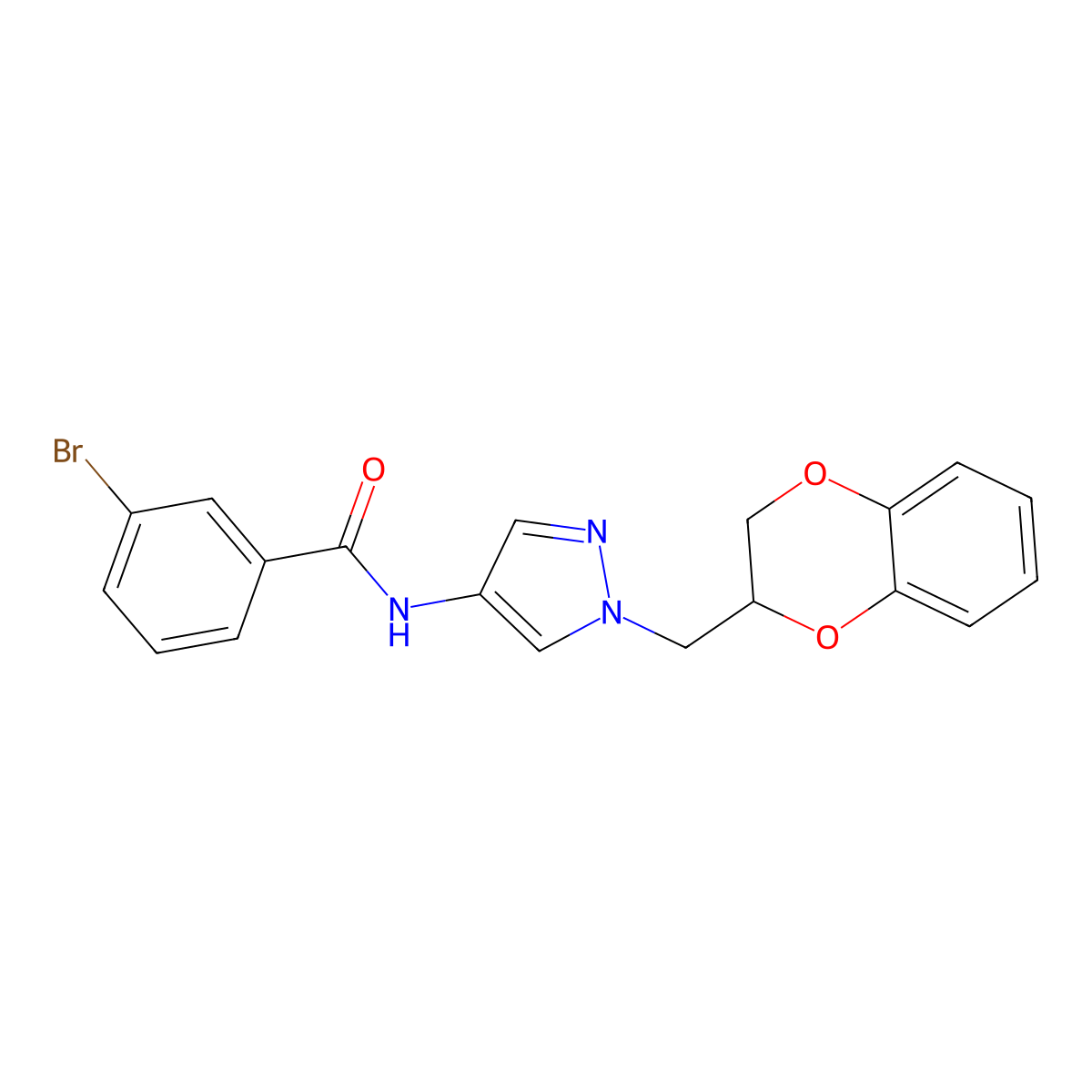 3-bromo-N-(1-((2,3-dihydrobenzo[b][1,4]dioxin-2-yl)methyl)-1H-pyrazol-4-yl)benzamide molecular structure, CAS 1797023-16-5