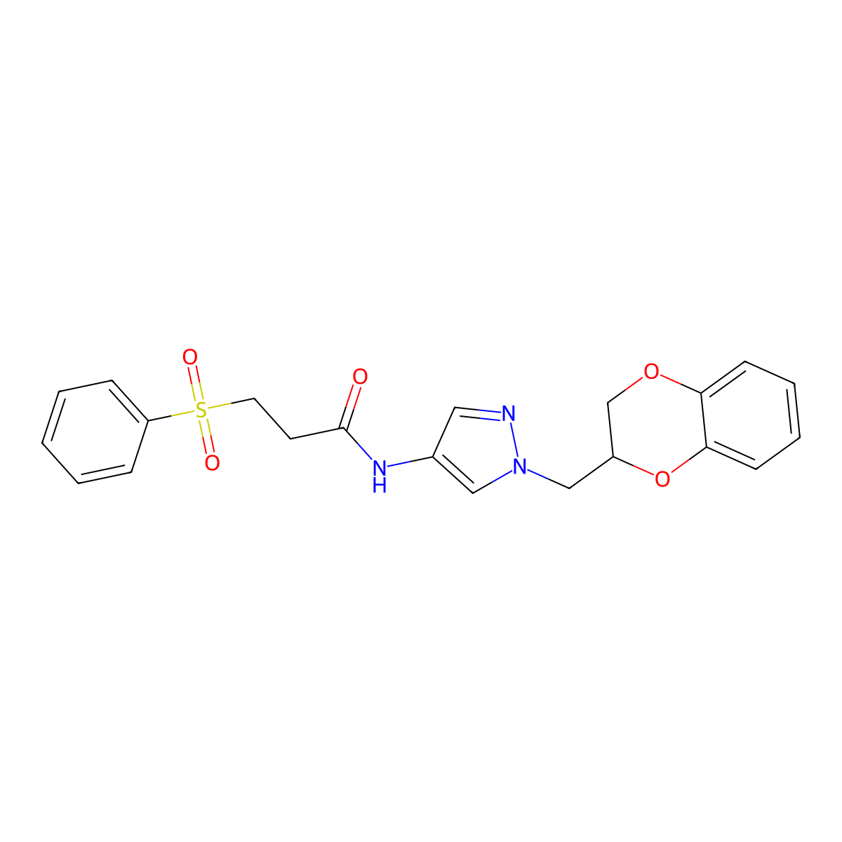N-(1-((2,3-dihydrobenzo[b][1,4]dioxin-2-yl)methyl)-1H-pyrazol-4-yl)-3-(phenylsulfonyl)propanamide molecular structure, CAS 1797023-22-3