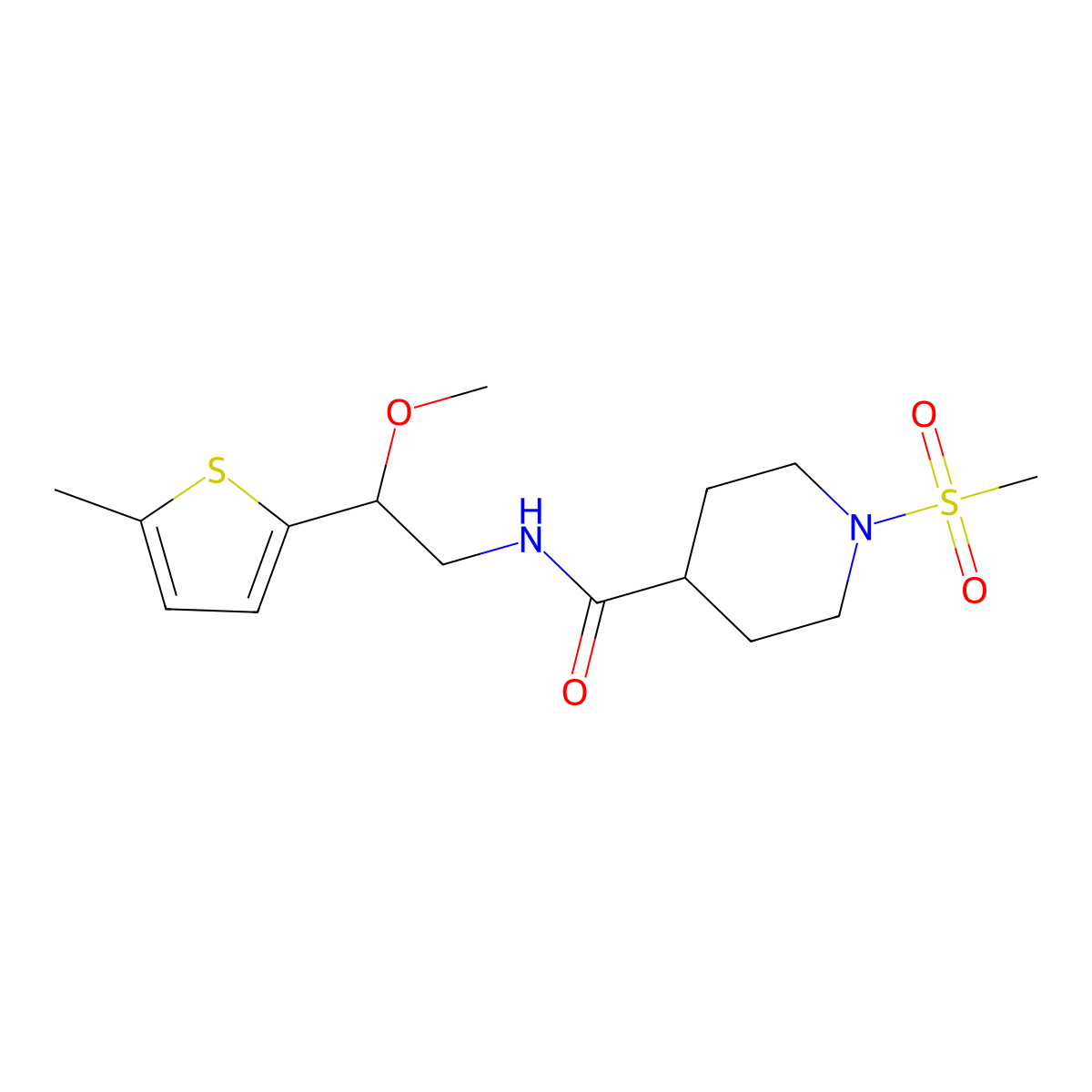 N-(2-methoxy-2-(5-methylthiophen-2-yl)ethyl)-1-(methylsulfonyl)piperidine-4-carboxamide molecular structure, CAS 1797023-62-1