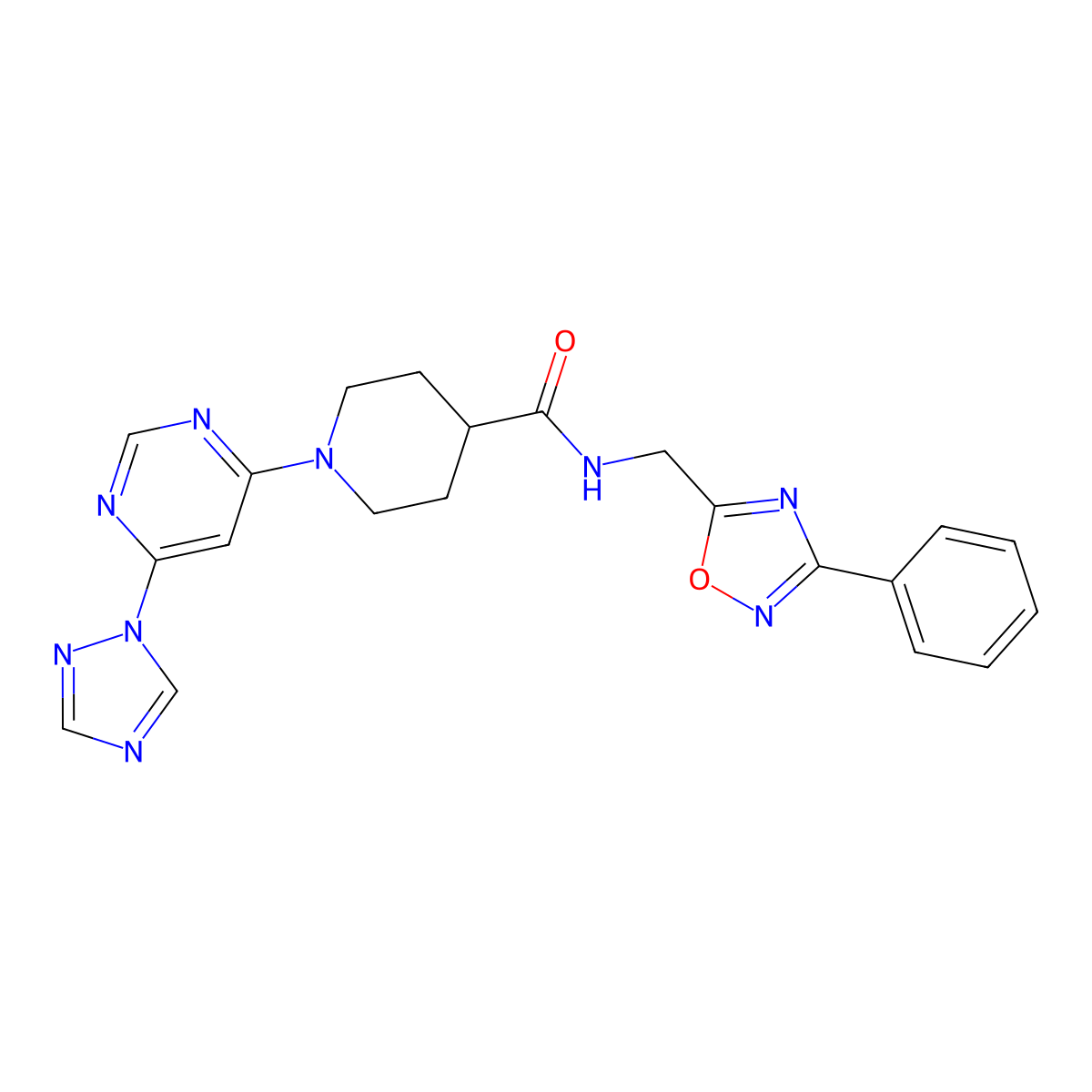 1-(6-(1H-1,2,4-triazol-1-yl)pyrimidin-4-yl)-N-((3-phenyl-1,2,4-oxadiazol-5-yl)methyl)piperidine-4-carboxamide molecular structure, CAS 1797026-06-2