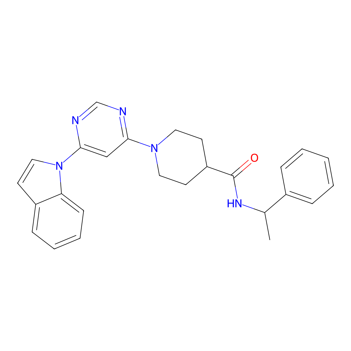1-(6-(1H-indol-1-yl)pyrimidin-4-yl)-N-(1-phenylethyl)piperidine-4-carboxamide molecular structure, CAS 1797026-35-7