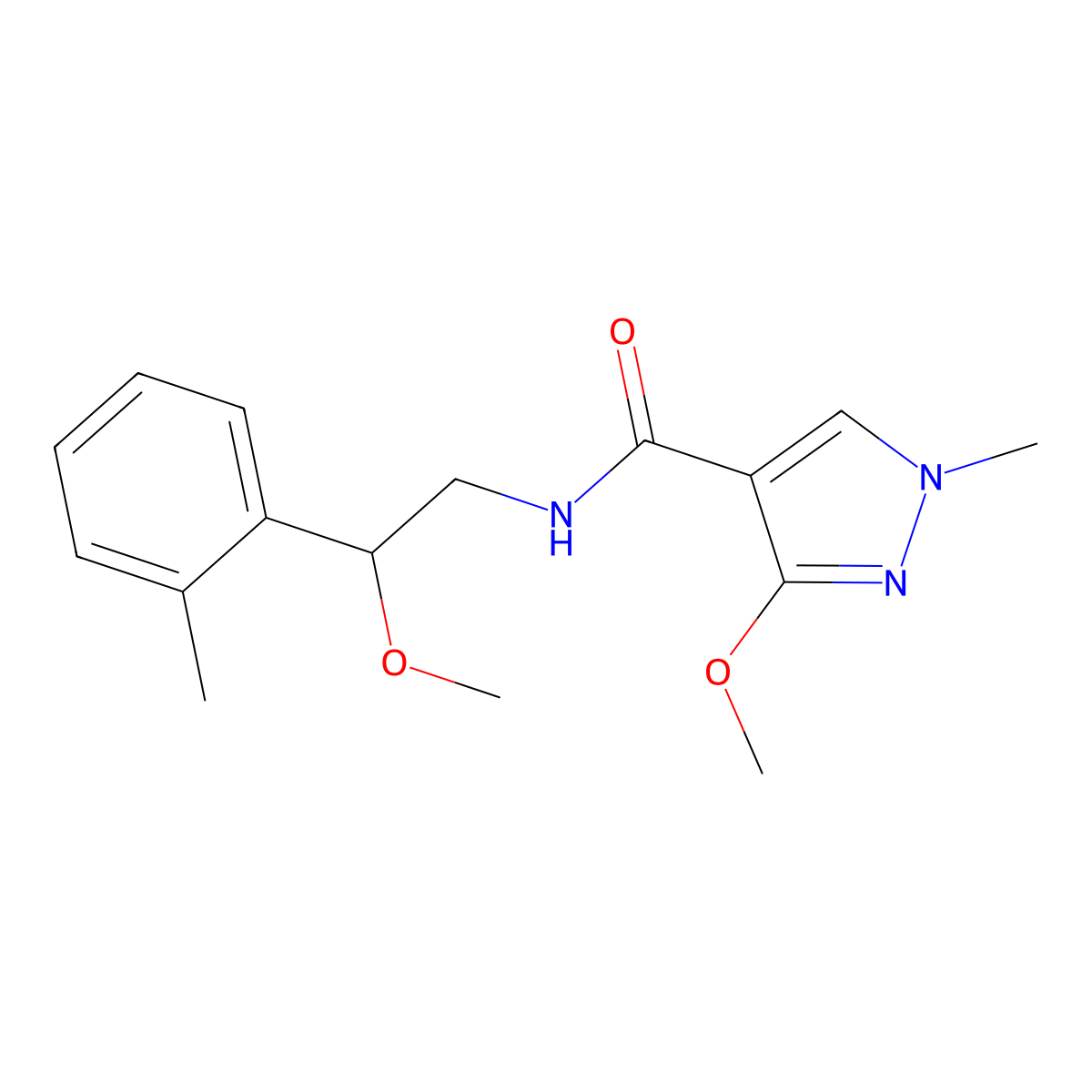 3-methoxy-N-(2-methoxy-2-(o-tolyl)ethyl)-1-methyl-1H-pyrazole-4-carboxamide molecular structure, CAS 1797027-57-6