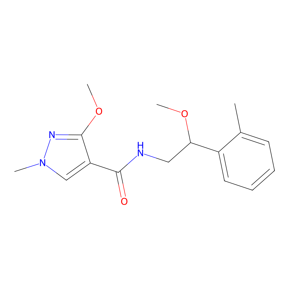 3-methoxy-N-(2-methoxy-2-(o-tolyl)ethyl)-1-methyl-1H-pyrazole-4-carboxamide molecular structure, CAS 1797027-57-6