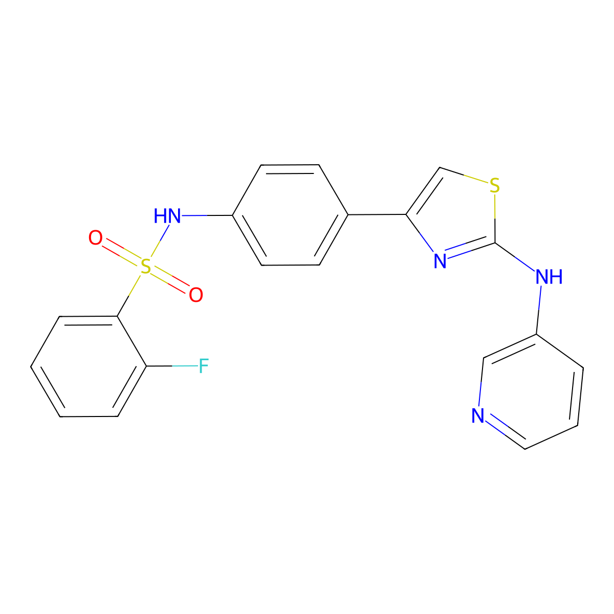 2-fluoro-N-(4-(2-(pyridin-3-ylamino)thiazol-4-yl)phenyl)benzenesulfonamide molecular structure, CAS 1797028-32-0