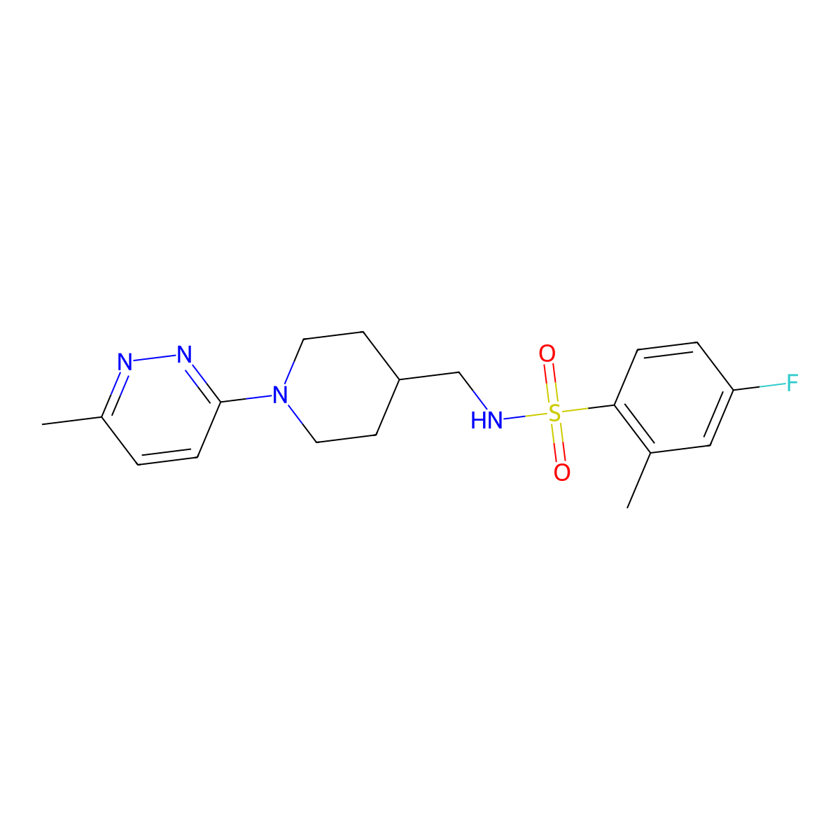 4-fluoro-2-methyl-N-((1-(6-methylpyridazin-3-yl)piperidin-4-yl)methyl)benzenesulfonamide molecular structure, CAS 1797047-53-0