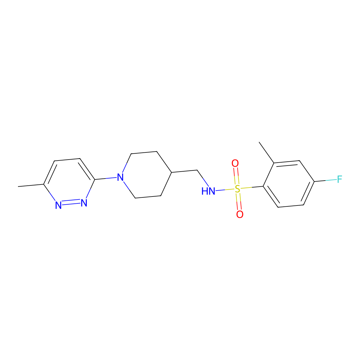 4-fluoro-2-methyl-N-((1-(6-methylpyridazin-3-yl)piperidin-4-yl)methyl)benzenesulfonamide molecular structure, CAS 1797047-53-0