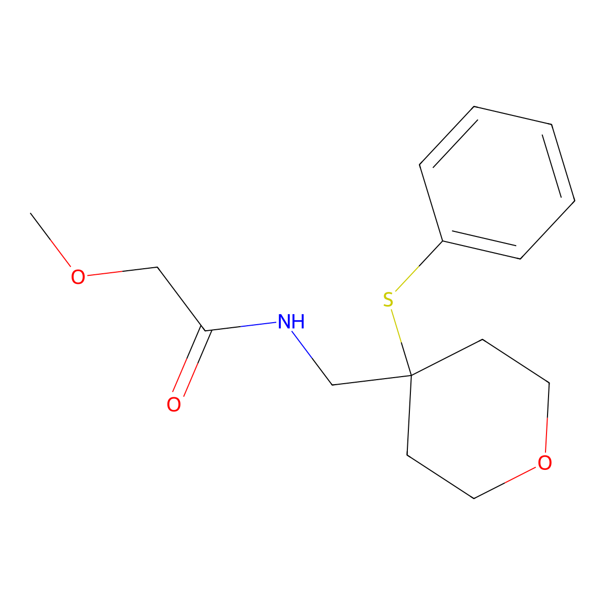 2-methoxy-N-((4-(phenylthio)tetrahydro-2H-pyran-4-yl)methyl)acetamide molecular structure, CAS 1797059-22-3