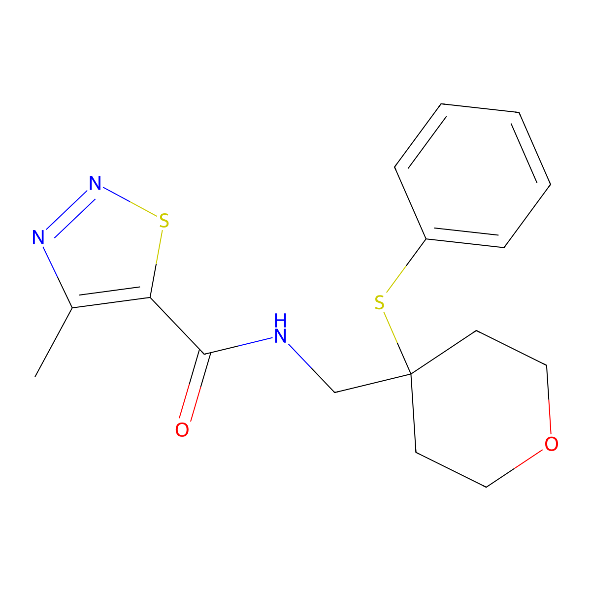 4-methyl-N-((4-(phenylthio)tetrahydro-2H-pyran-4-yl)methyl)-1,2,3-thiadiazole-5-carboxamide molecular structure, CAS 1797059-27-8