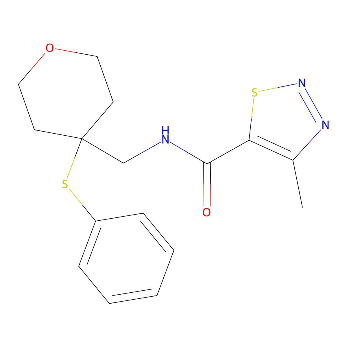 4-methyl-N-((4-(phenylthio)tetrahydro-2H-pyran-4-yl)methyl)-1,2,3-thiadiazole-5-carboxamide molecular structure, CAS 1797059-27-8