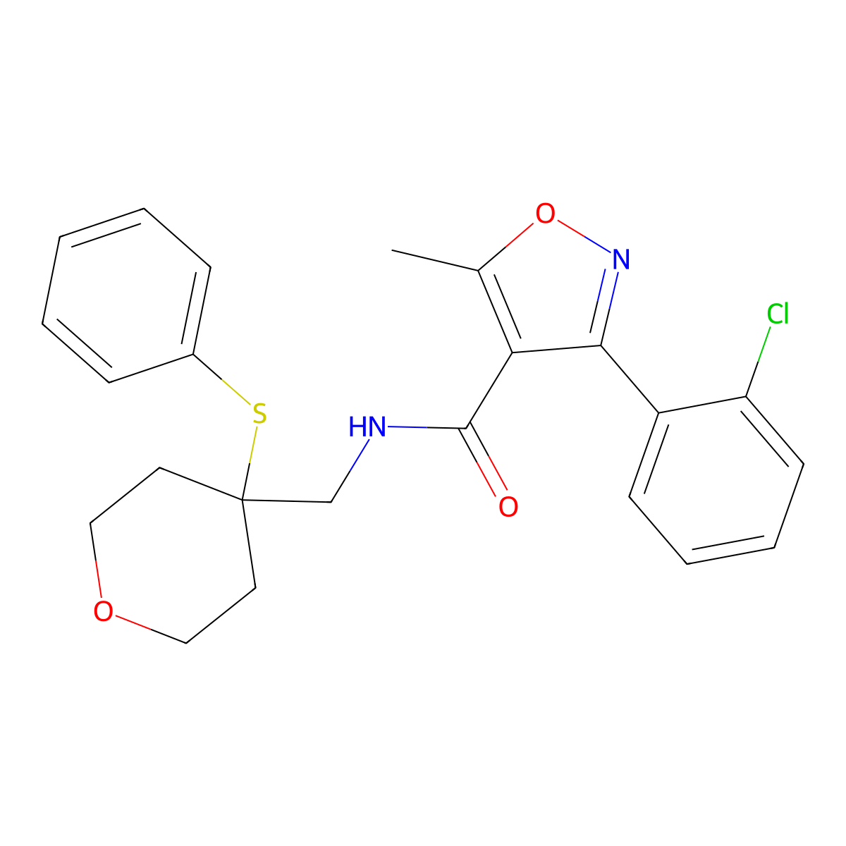 3-(2-chlorophenyl)-5-methyl-N-((4-(phenylthio)tetrahydro-2H-pyran-4-yl)methyl)isoxazole-4-carboxamide molecular structure, CAS 1797059-34-7