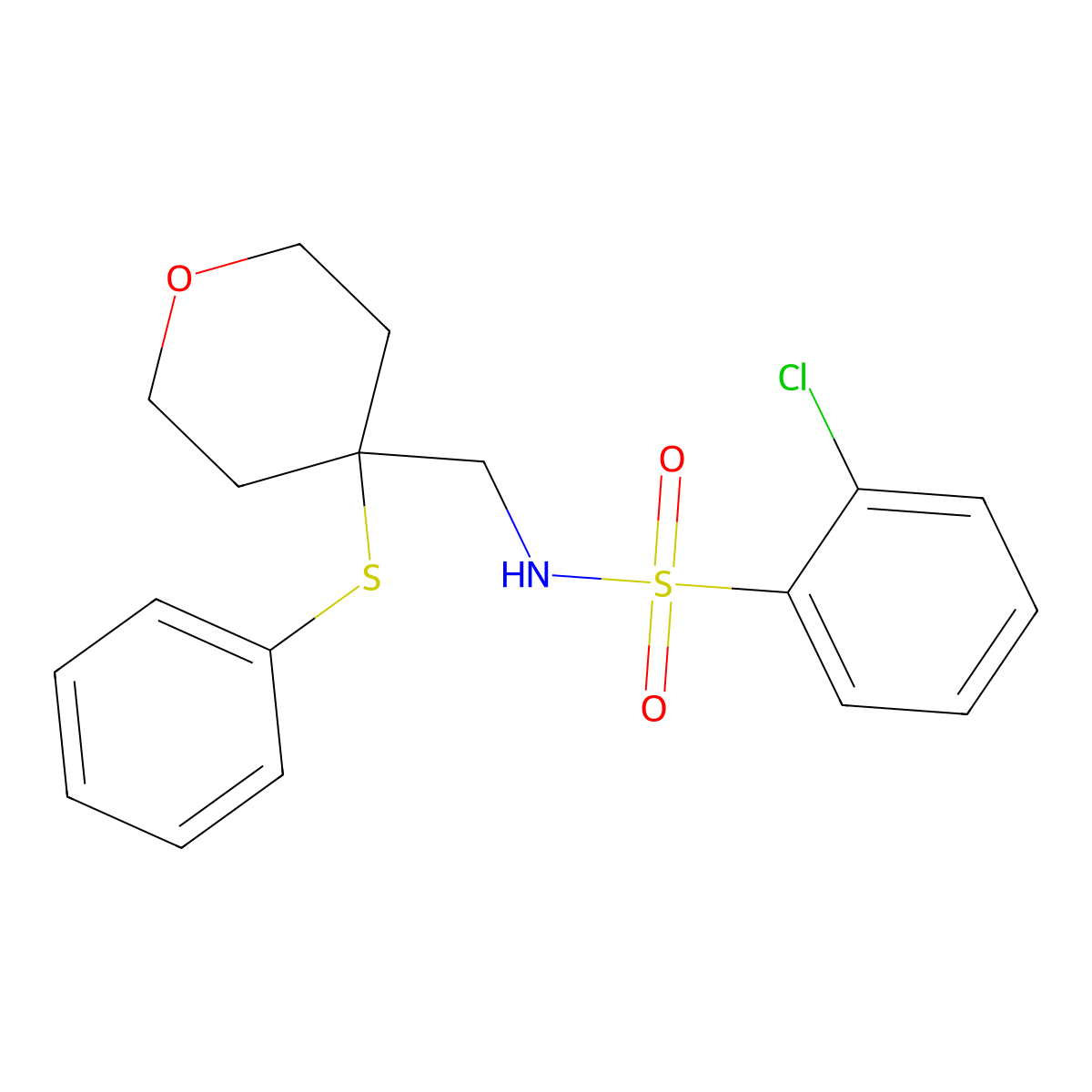 2-chloro-N-((4-(phenylthio)tetrahydro-2H-pyran-4-yl)methyl)benzenesulfonamide molecular structure, CAS 1797059-41-6