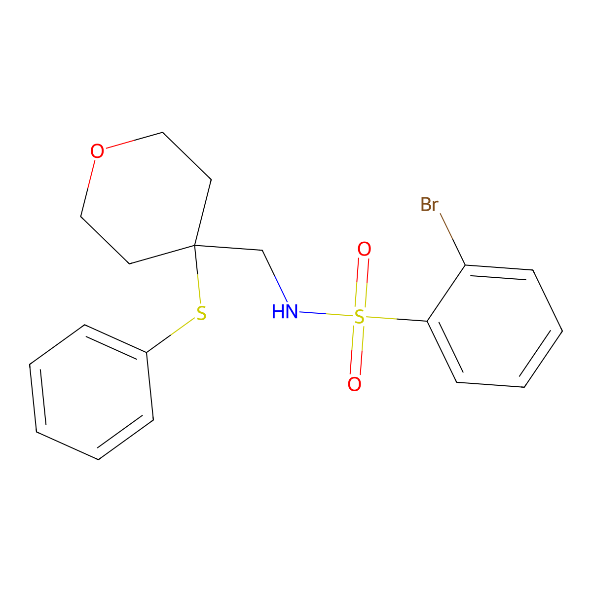 2-bromo-N-((4-(phenylthio)tetrahydro-2H-pyran-4-yl)methyl)benzenesulfonamide molecular structure, CAS 1797059-49-4