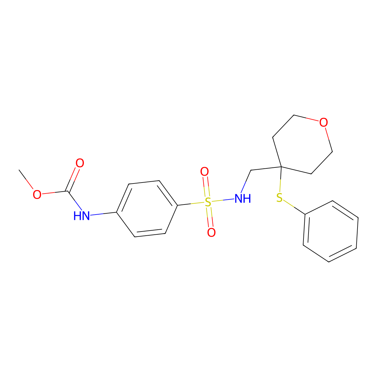 methyl (4-(N-((4-(phenylthio)tetrahydro-2H-pyran-4-yl)methyl)sulfamoyl)phenyl)carbamate molecular structure, CAS 1797059-70-1