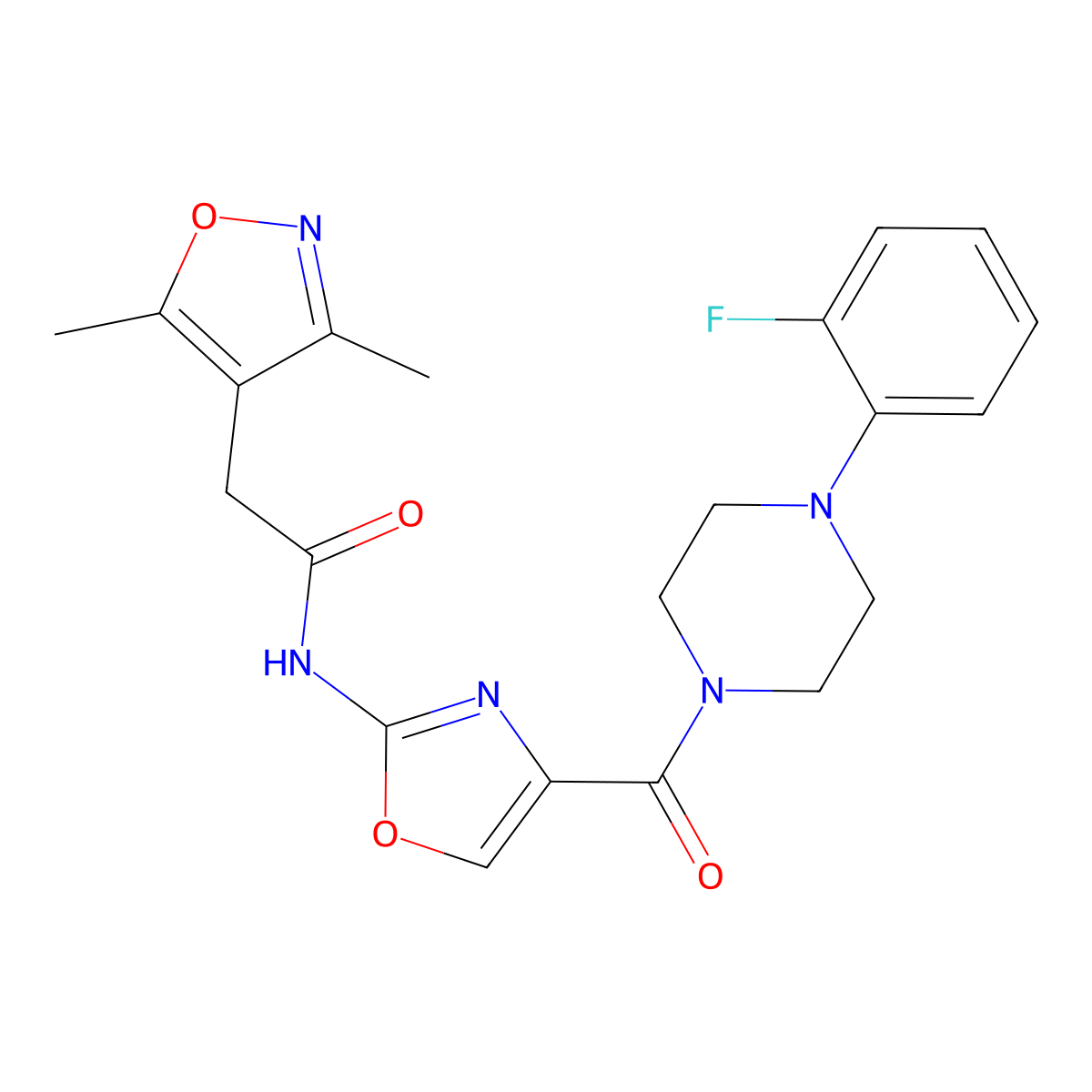 2-(3,5-dimethylisoxazol-4-yl)-N-(4-(4-(2-fluorophenyl)piperazine-1-carbonyl)oxazol-2-yl)acetamide molecular structure, CAS 1797060-04-8