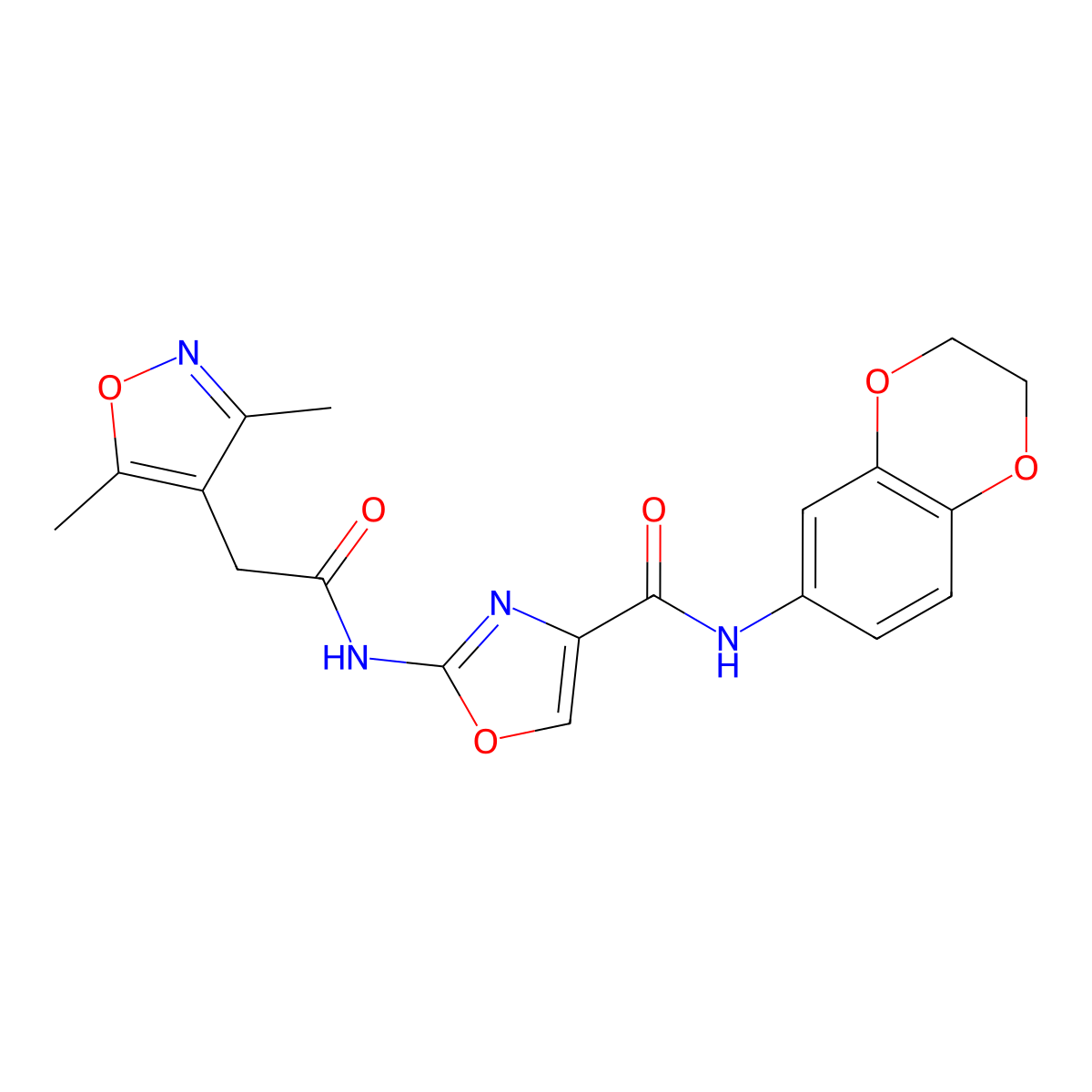 N-(2,3-dihydrobenzo[b][1,4]dioxin-6-yl)-2-(2-(3,5-dimethylisoxazol-4-yl)acetamido)oxazole-4-carboxamide molecular structure, CAS 1797060-14-0