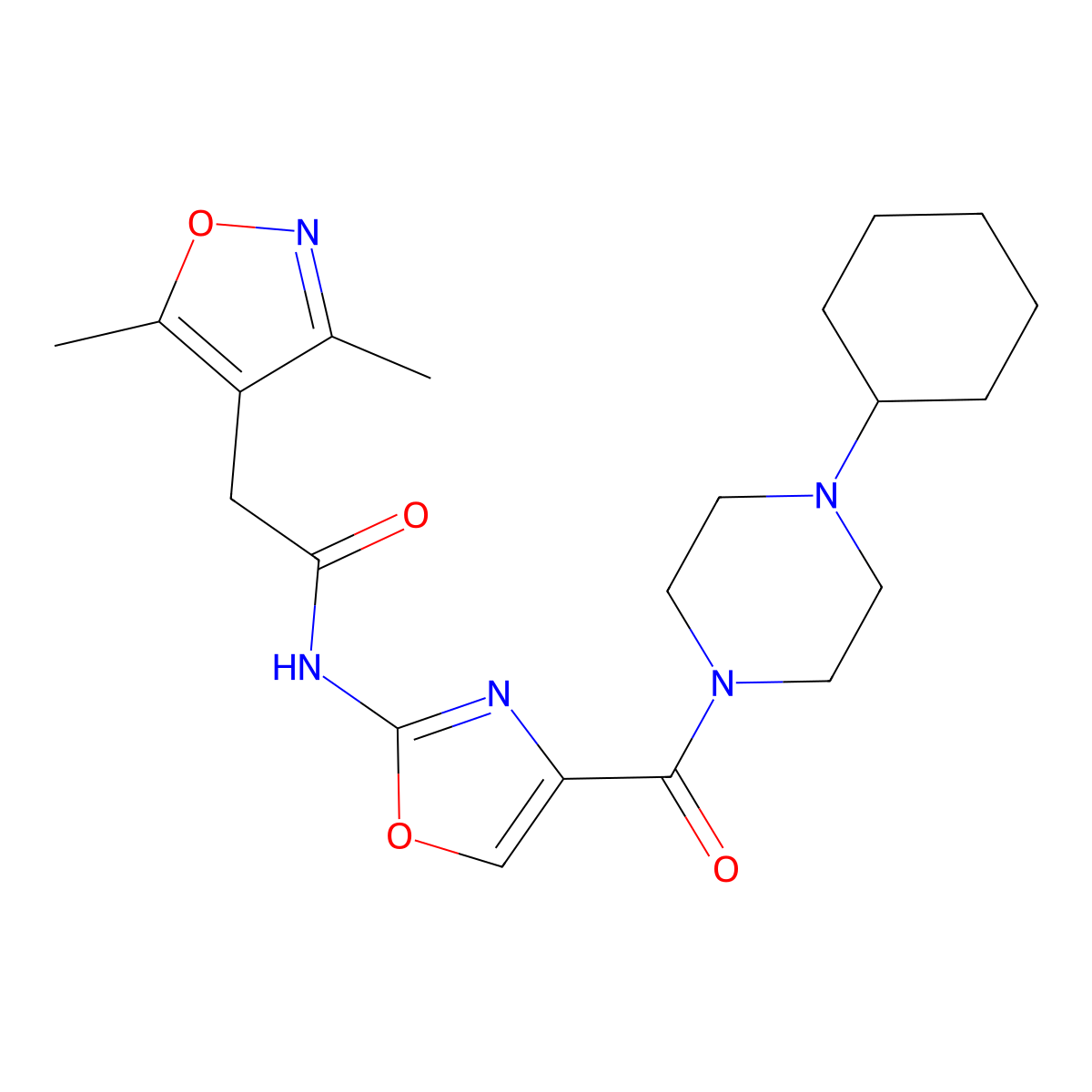 N-(4-(4-cyclohexylpiperazine-1-carbonyl)oxazol-2-yl)-2-(3,5-dimethylisoxazol-4-yl)acetamide molecular structure, CAS 1797060-21-9