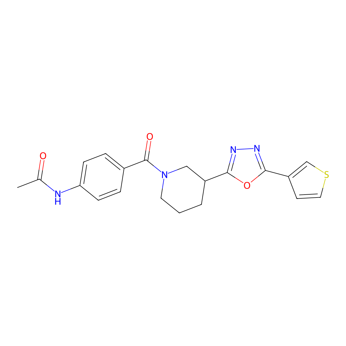 N-(4-(3-(5-(thiophen-3-yl)-1,3,4-oxadiazol-2-yl)piperidine-1-carbonyl)phenyl)acetamide molecular structure, CAS 1797060-30-0