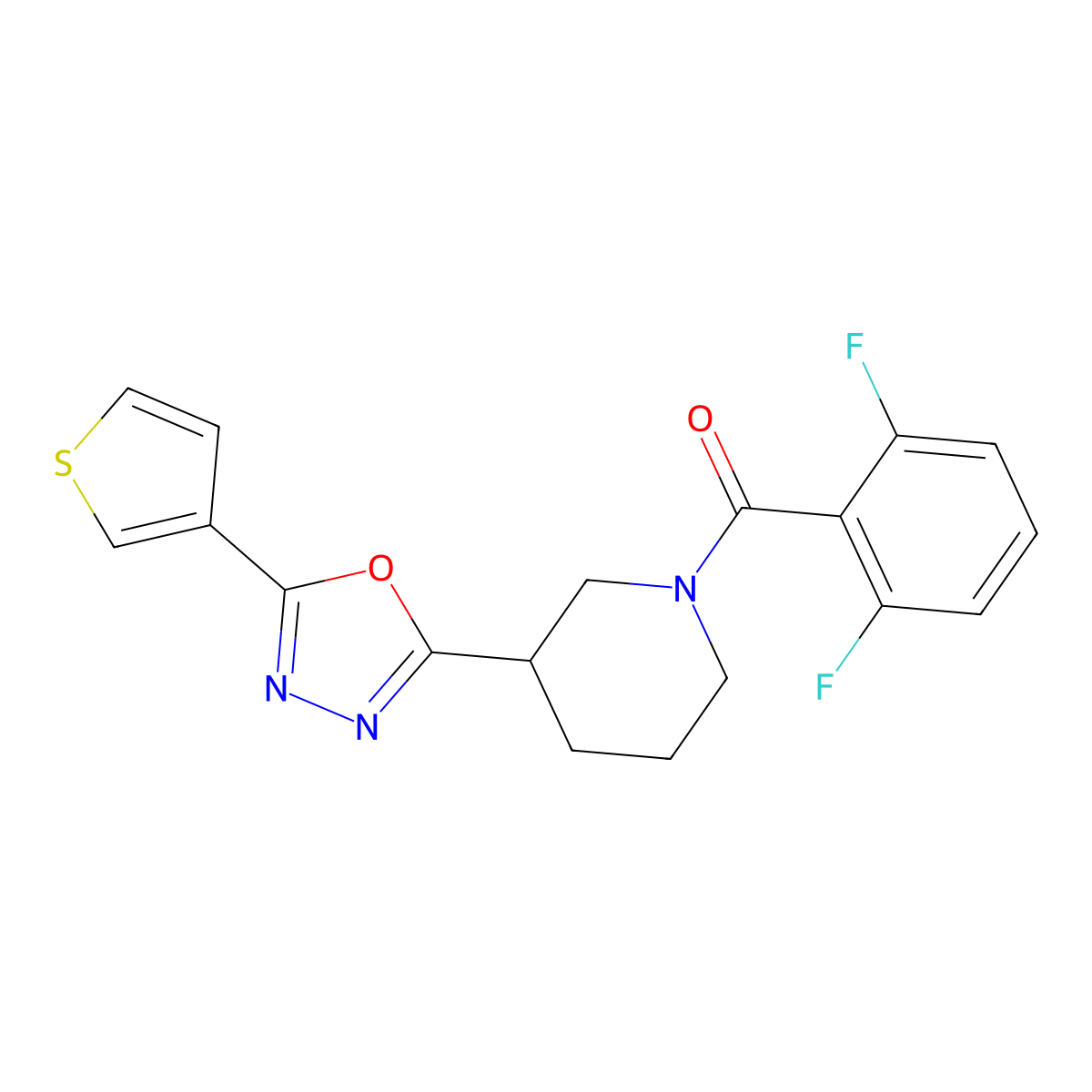 (2,6-Difluorophenyl)(3-(5-(thiophen-3-yl)-1,3,4-oxadiazol-2-yl)piperidin-1-yl)methanone molecular structure, CAS 1797060-39-9